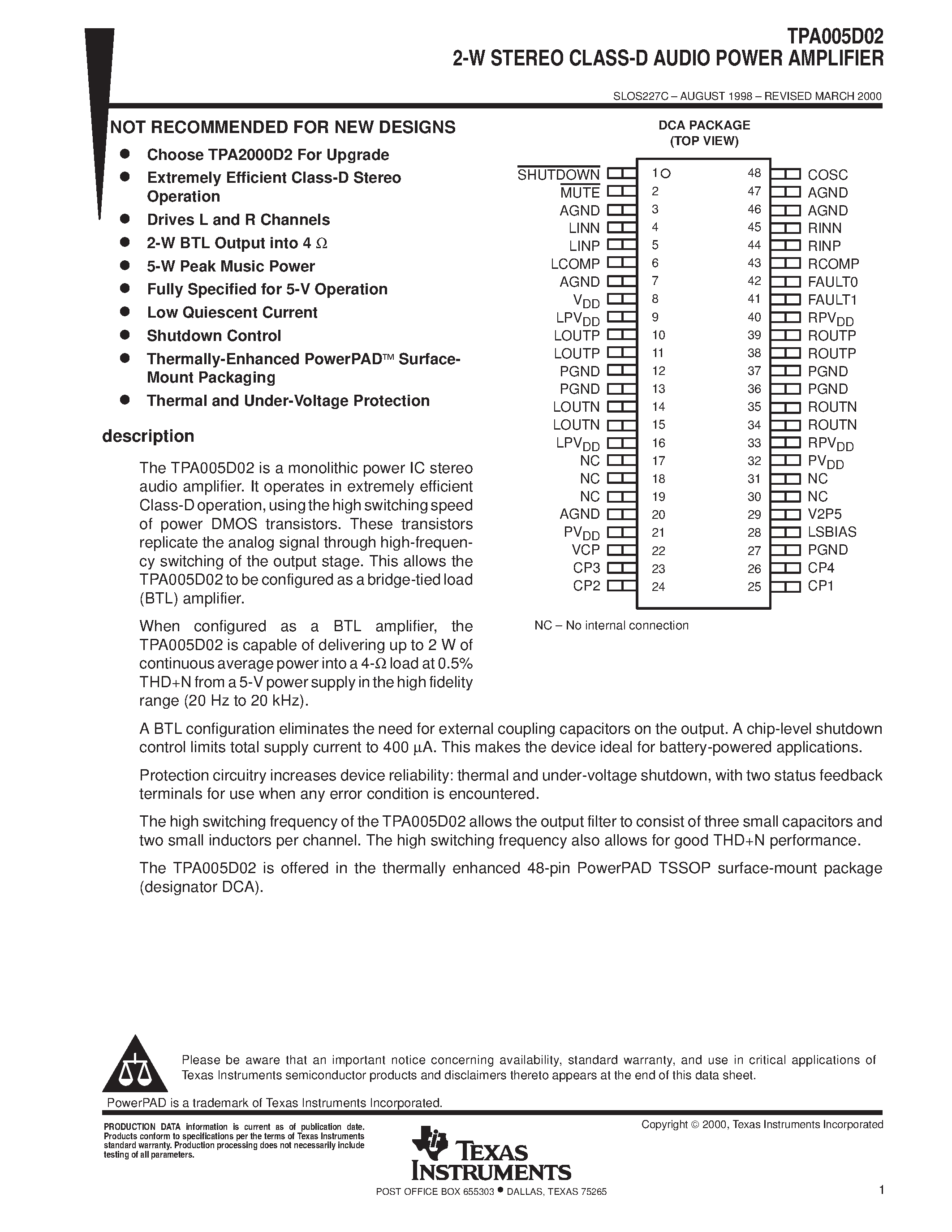 Даташит TPA005D02 - 2-W STEREO CLASS-D AUDIO POWER AMPLIFIER страница 1