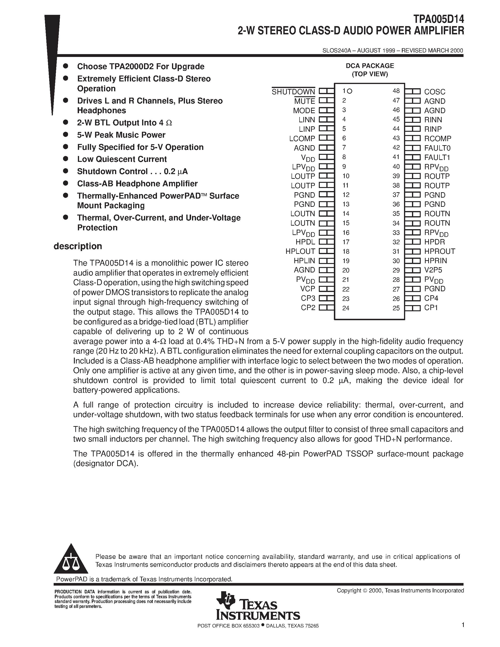 Даташит TPA005D14 - 2-W STEREO CLASS-D AUDIO POWER AMPLIFIER страница 1