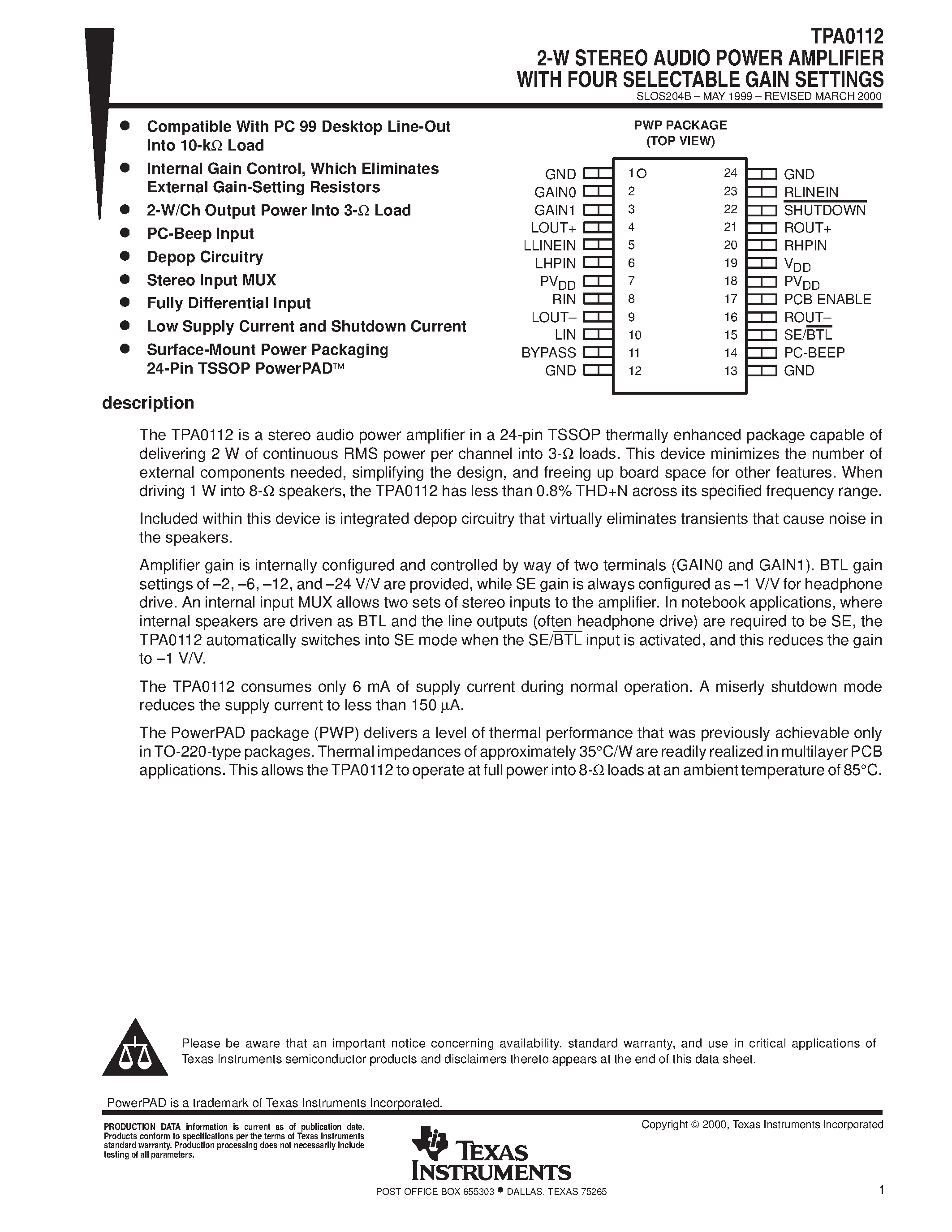 Даташит TPA0112 - 2-W STEREO AUDIO POWER AMPLIFIER WITH FOUR SELECTABLE GAIN SETTINGS страница 1