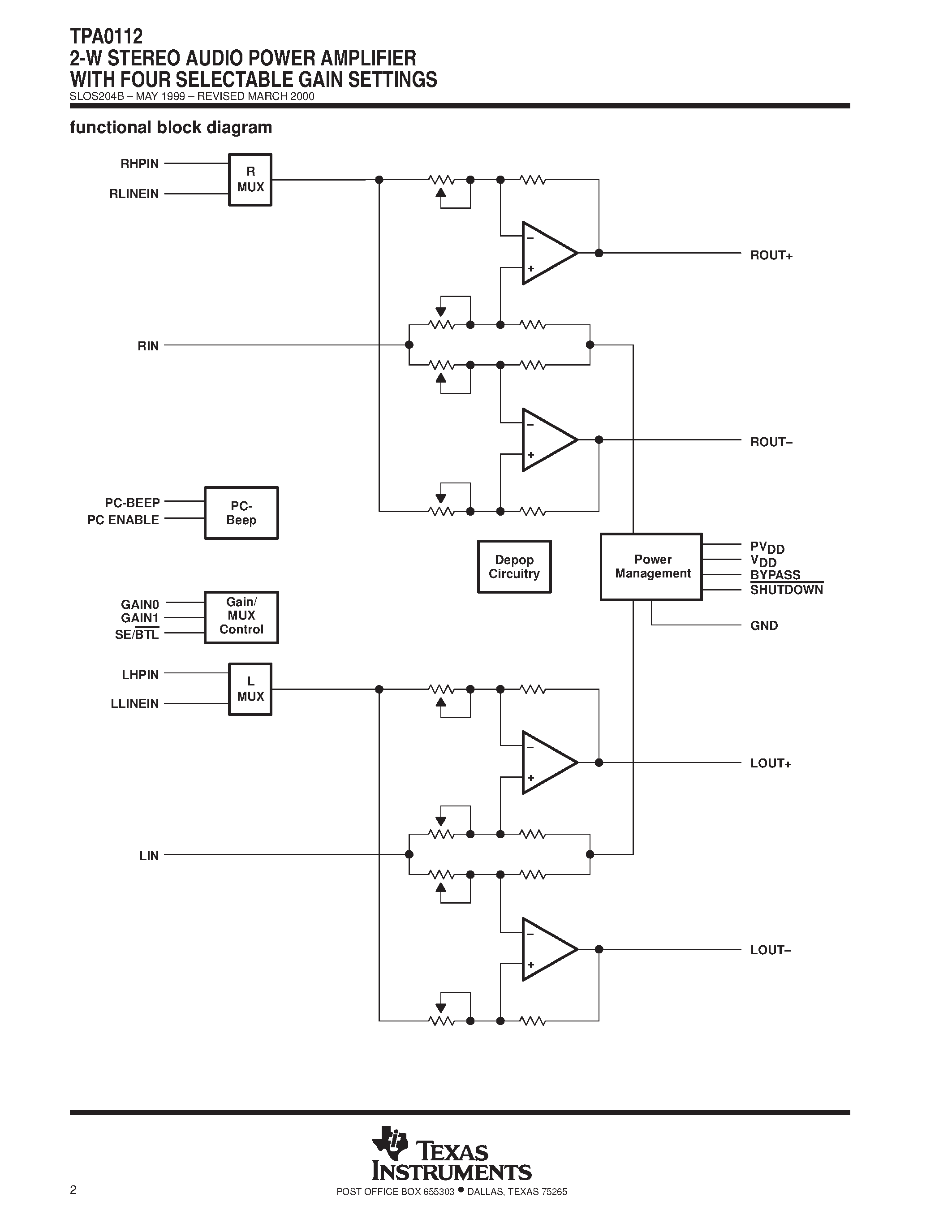 Даташит TPA0112 - 2-W STEREO AUDIO POWER AMPLIFIER WITH FOUR SELECTABLE GAIN SETTINGS страница 2