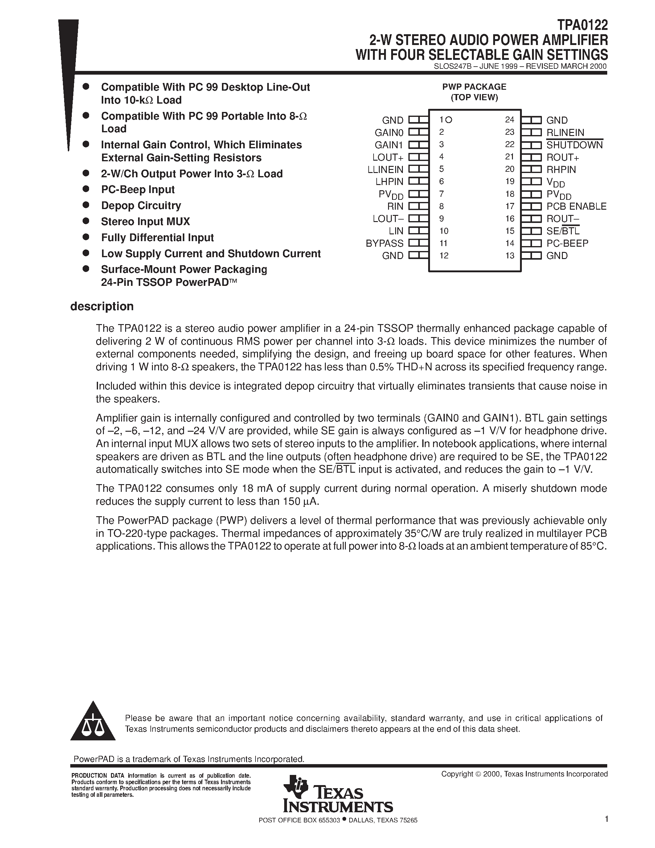 Даташит TPA0122 - 2-W STEREO AUDIO POWER AMPLIFIER WITH FOUR SELECTABLE GAIN SETTINGS страница 1