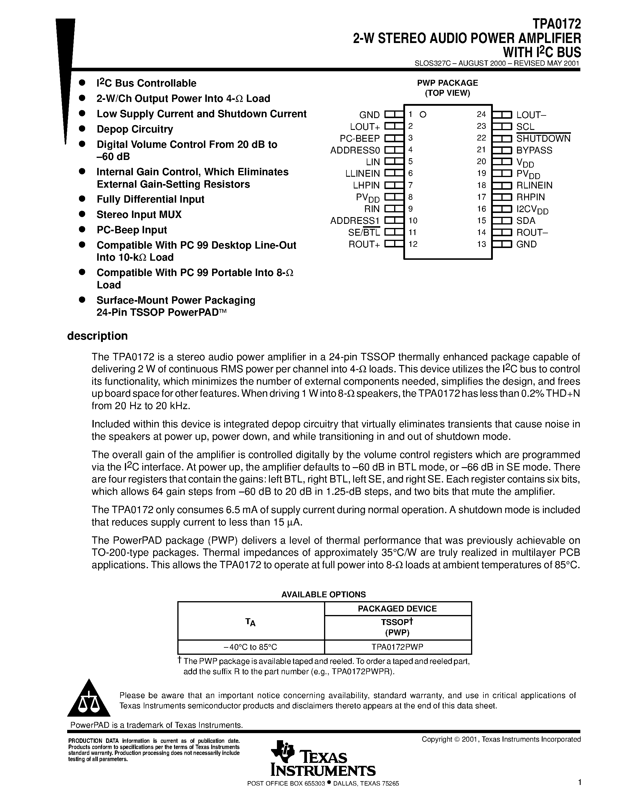 Даташит TPA0172 - 2-W STEREO AUDIO POWER AMPLIFIER WITH I2C BUS страница 1