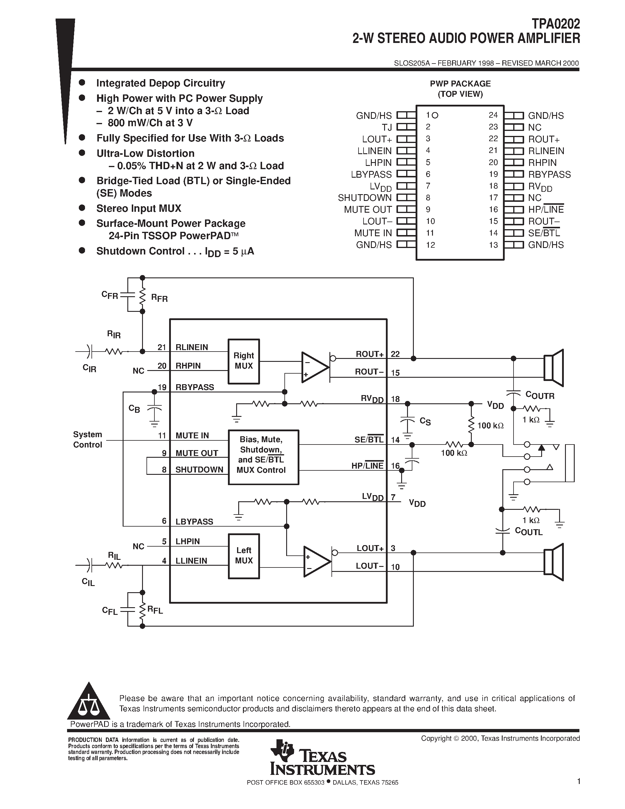 Даташит TPA0202 - 2-W STEREO AUDIO POWER AMPLIFIER страница 1