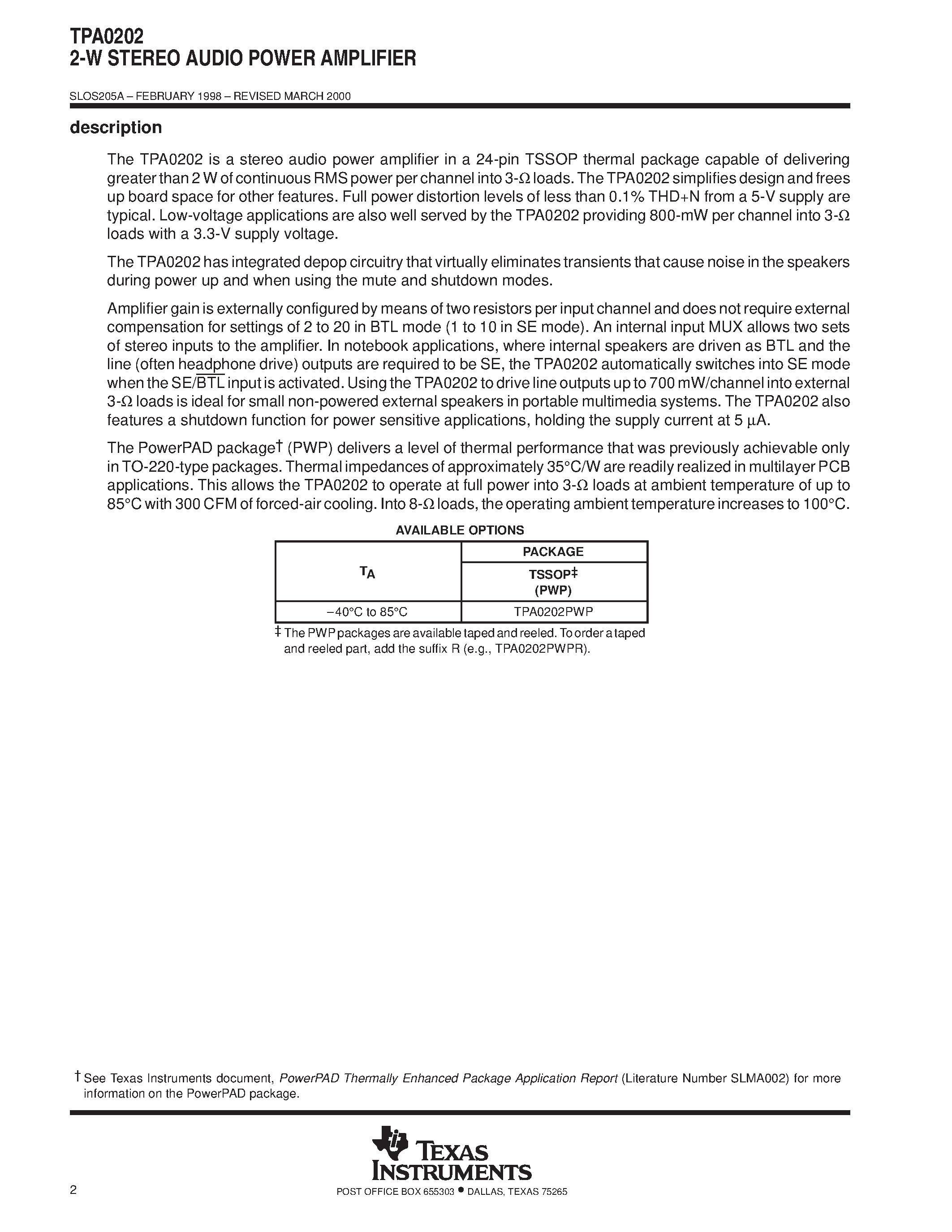 Даташит TPA0202 - 2-W STEREO AUDIO POWER AMPLIFIER страница 2