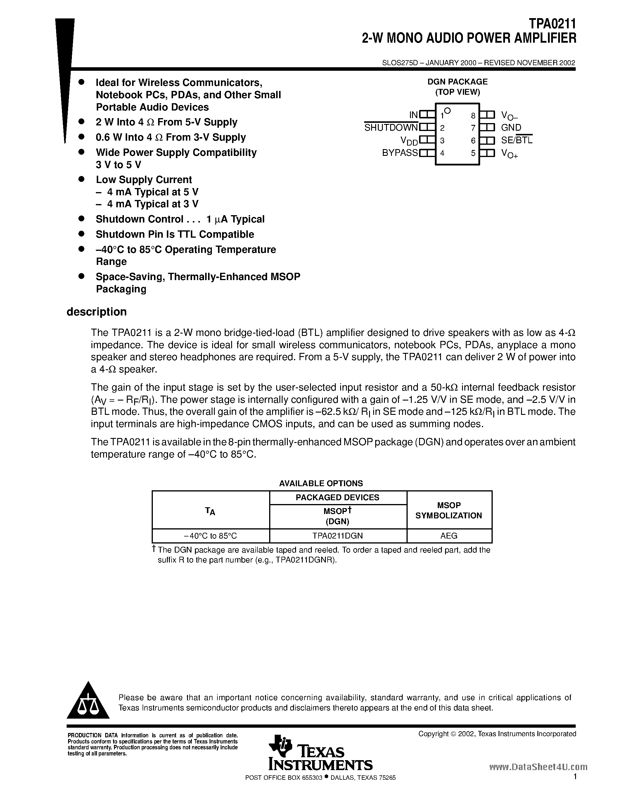 Даташит TPA0211 - 2-W MONO AUDIO POWER AMPLIFIER страница 1