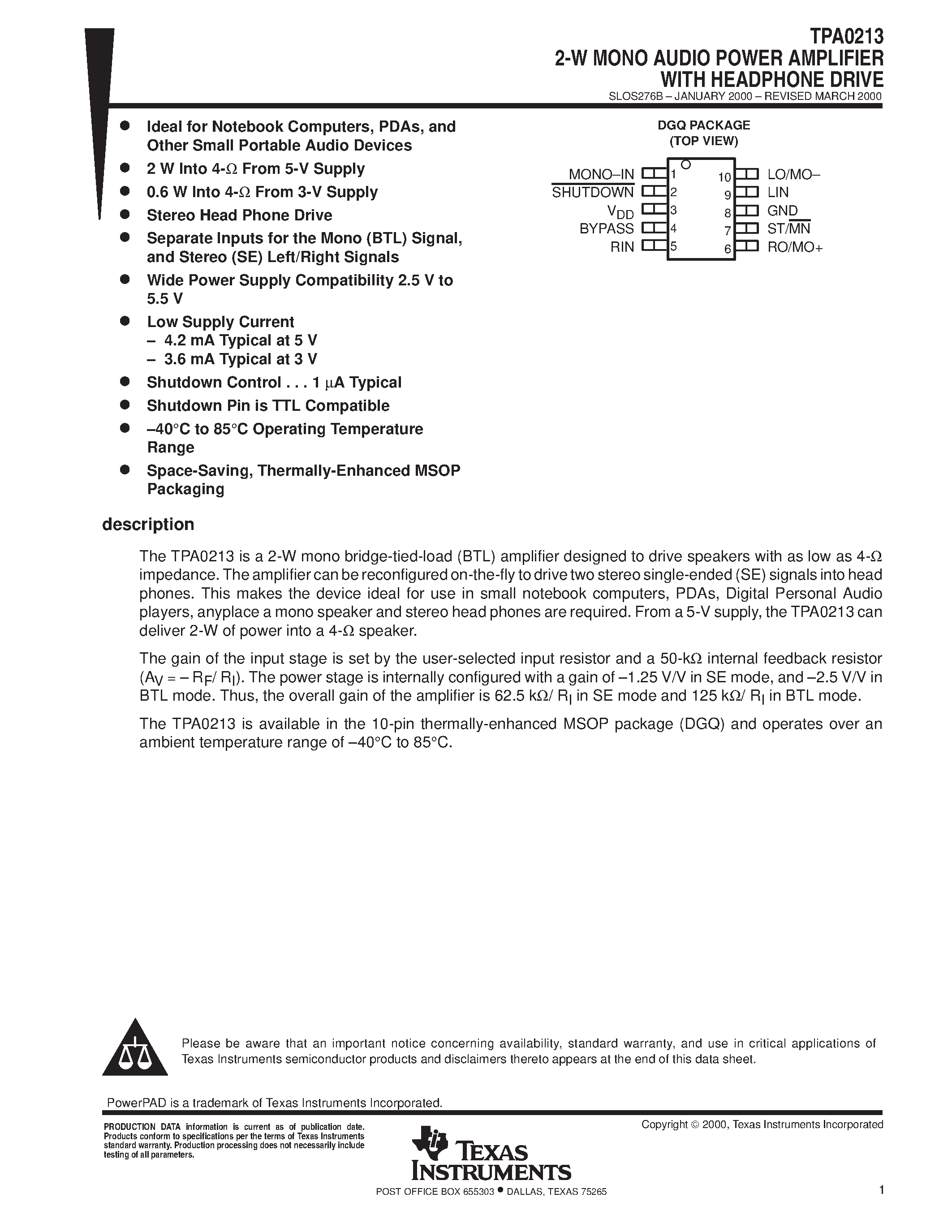 Даташит TPA0213 - 2-W MONO AUDIO POWER AMPLIFIER WITH HEADPHONE DRIVE страница 1