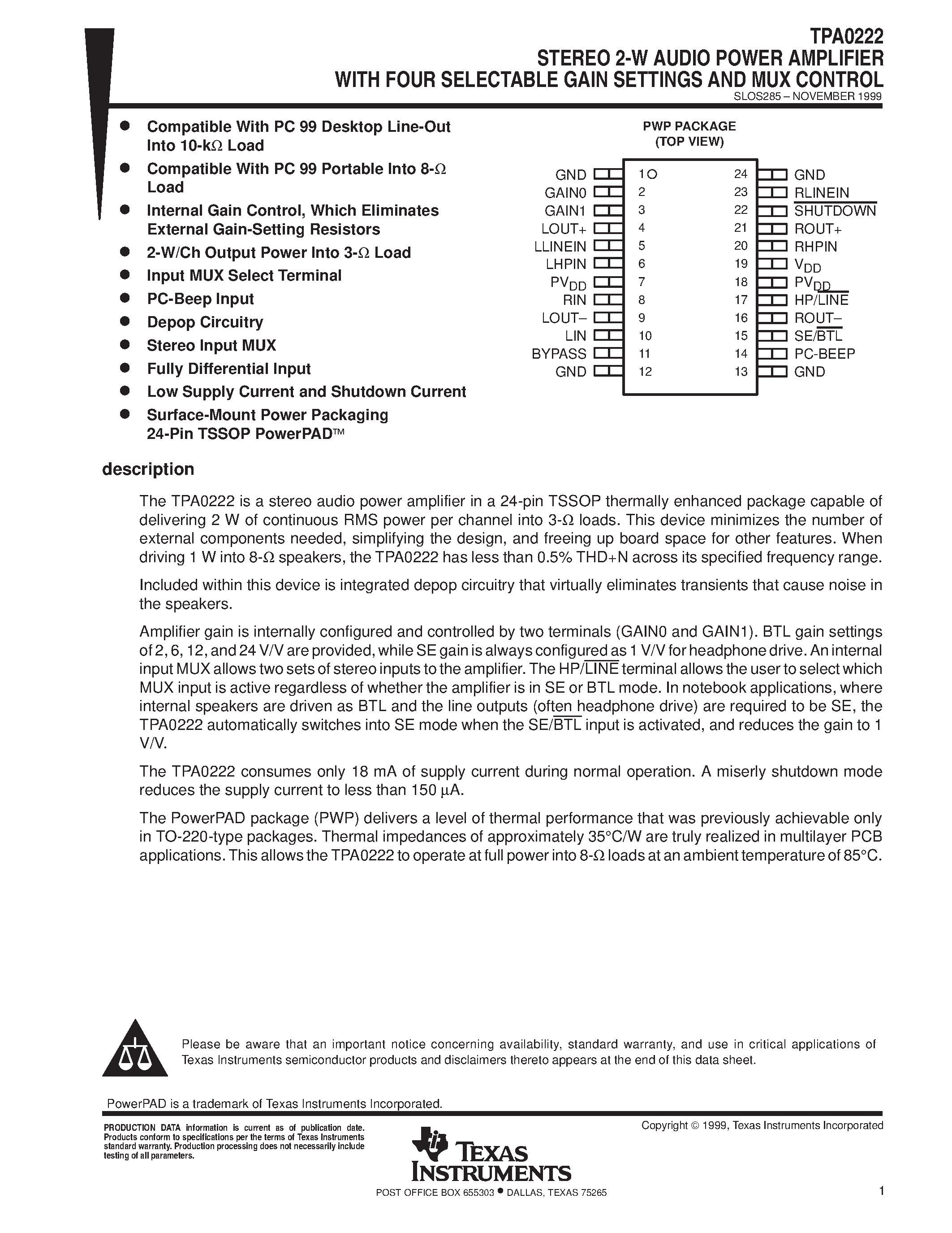 Даташит TPA0222 - STEREO 2-W AUDIO POWER AMPLIFIER WITH FOUR SELECTABLE GAIN SETTINGS AND MUX CONTROL страница 1