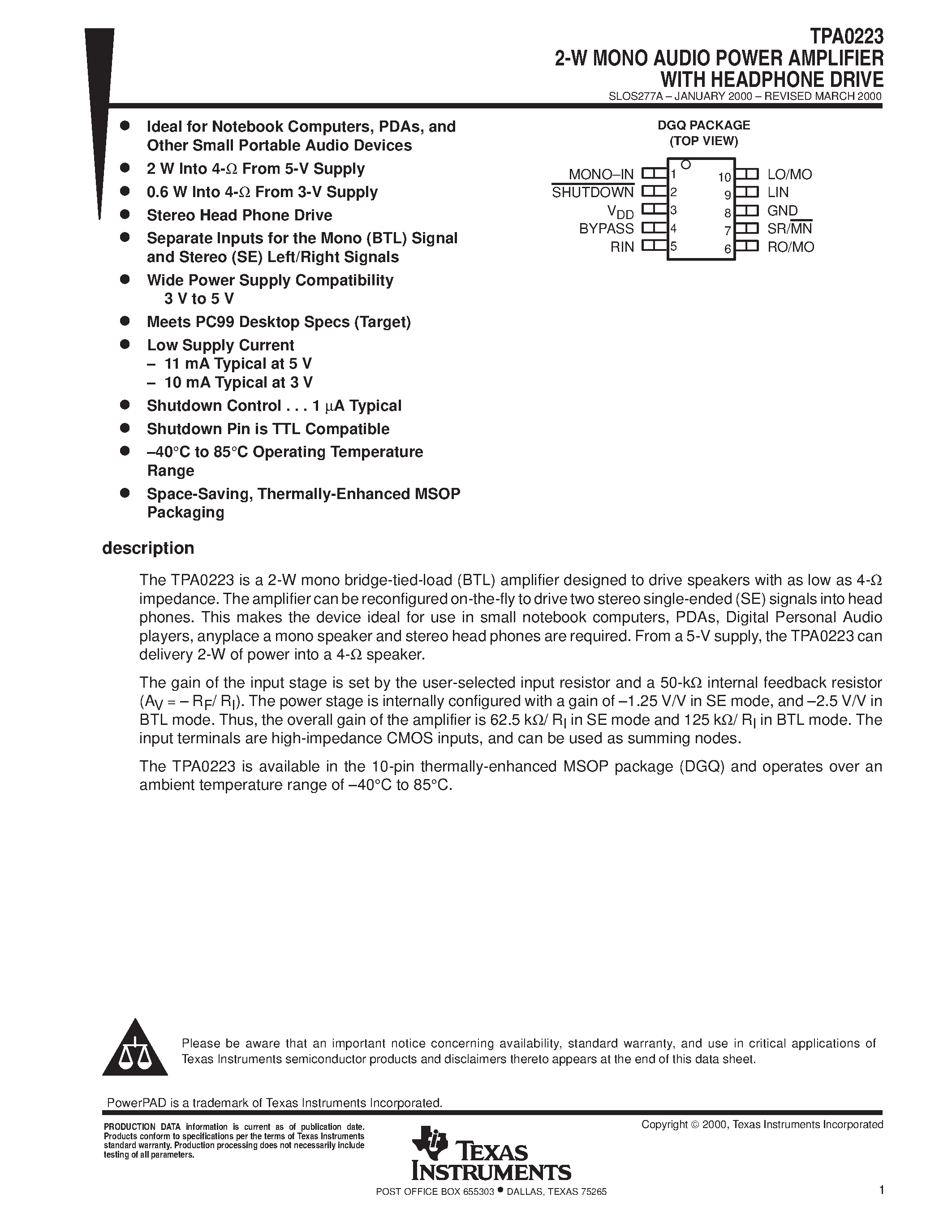 Даташит TPA0223 - 2-W MONO AUDIO POWER AMPLIFIER WITH HEADPHONE DRIVE страница 1