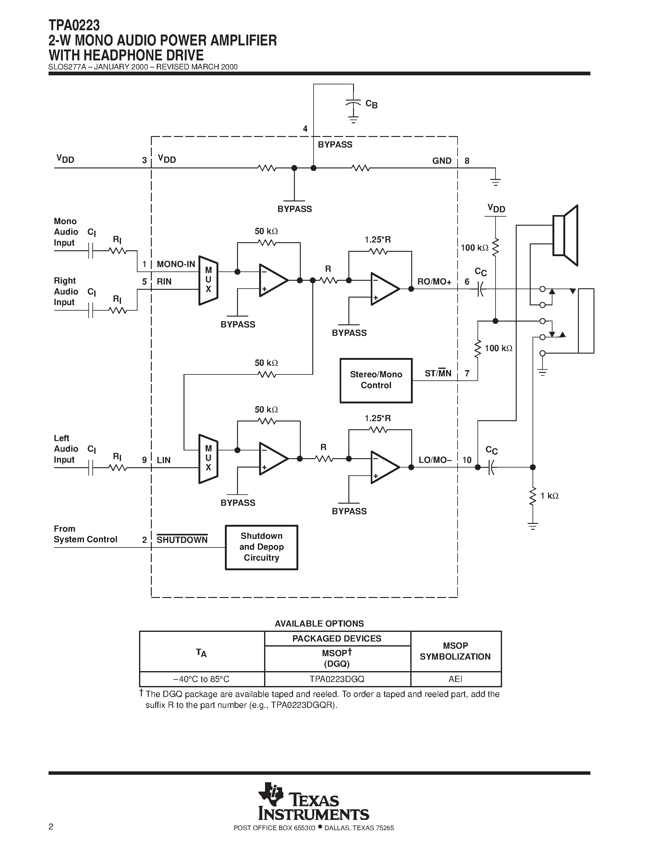 Даташит TPA0223 - 2-W MONO AUDIO POWER AMPLIFIER WITH HEADPHONE DRIVE страница 2