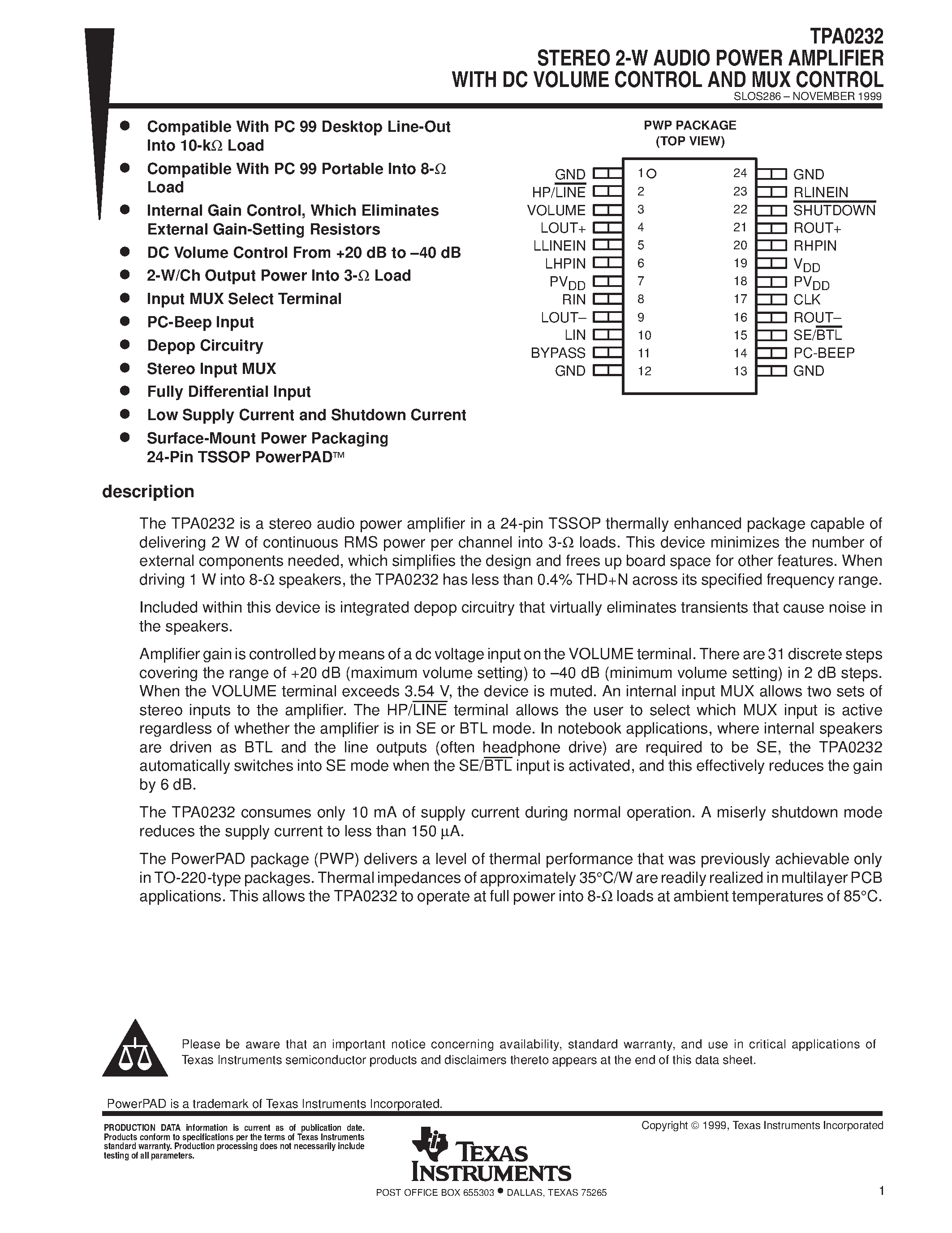 Даташит TPA0232 - STEREO 2-W AUDIO POWER AMPLIFIER WITH DC VOLUME CONTROL AND MUX CONTROL страница 1