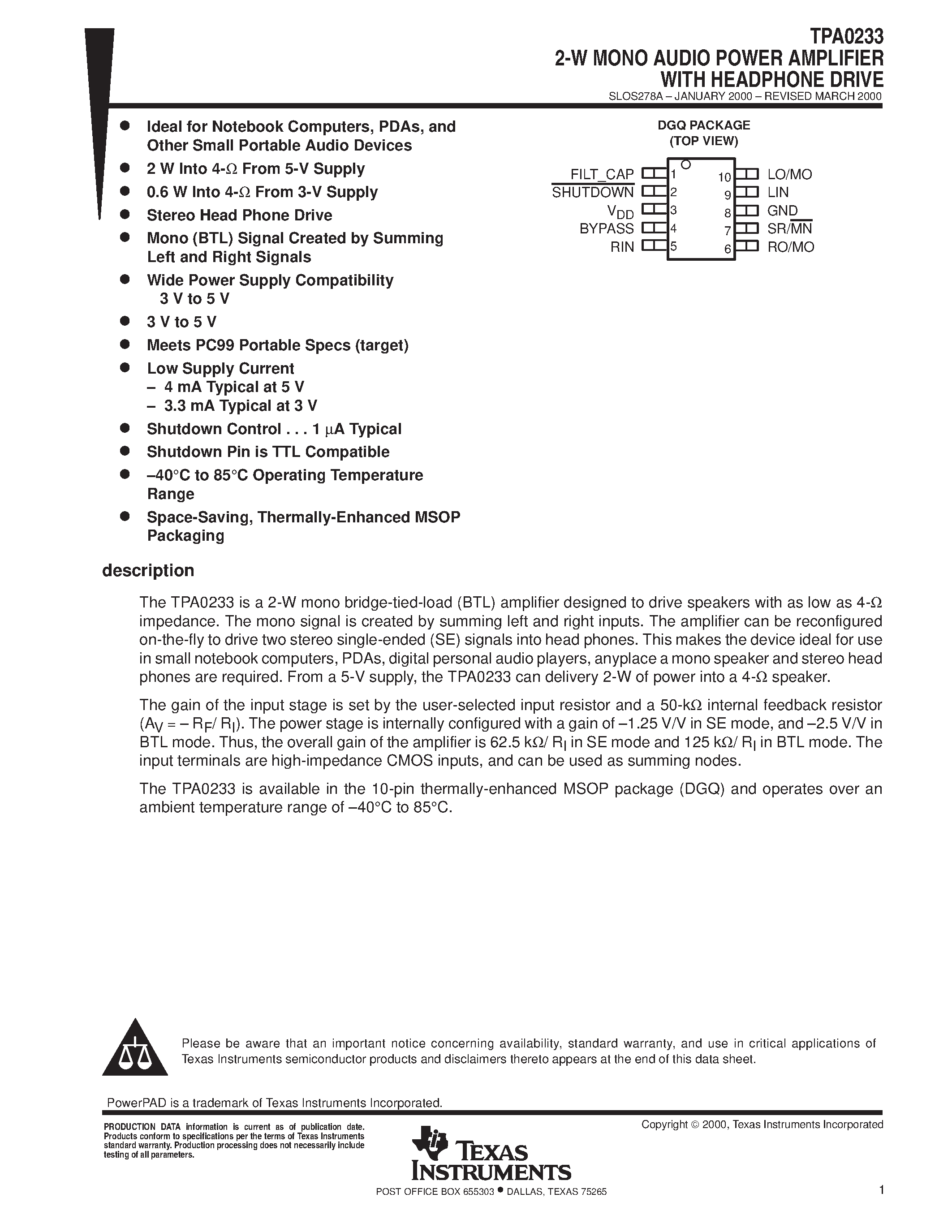 Даташит TPA0233 - 2-W MONO AUDIO POWER AMPLIFIER WITH HEADPHONE DRIVE страница 1