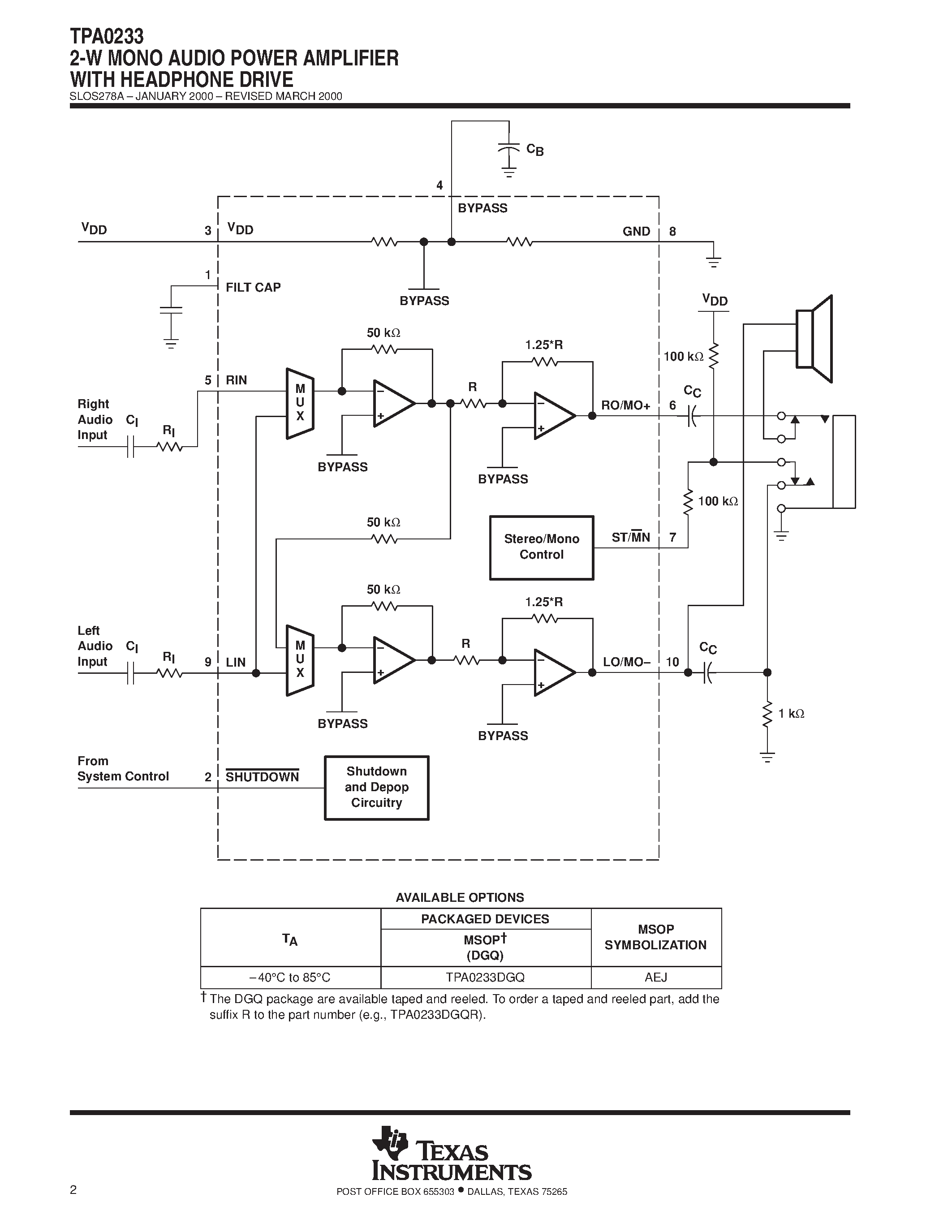Даташит TPA0233 - 2-W MONO AUDIO POWER AMPLIFIER WITH HEADPHONE DRIVE страница 2