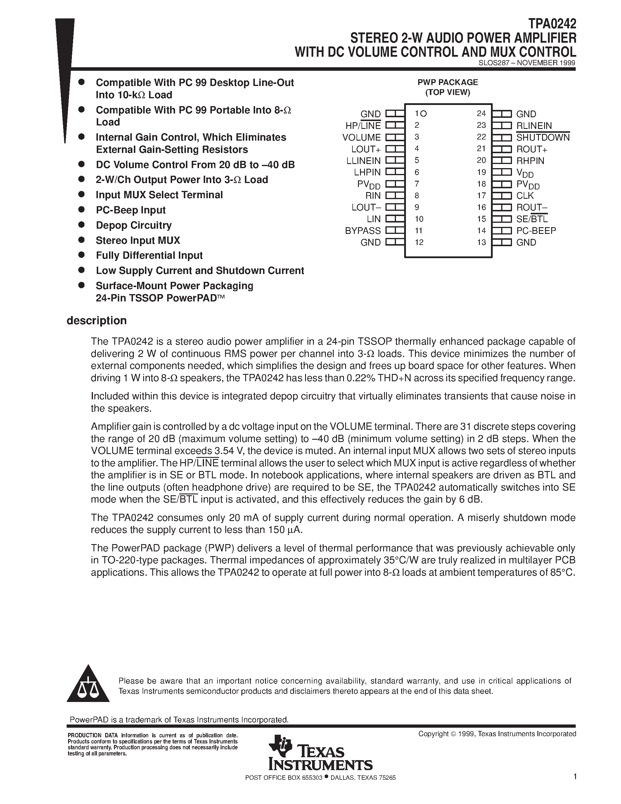 Даташит TPA0242 - STEREO 2-W AUDIO POWER AMPLIFIER WITH DC VOLUME CONTROL AND MUX CONTROL страница 1