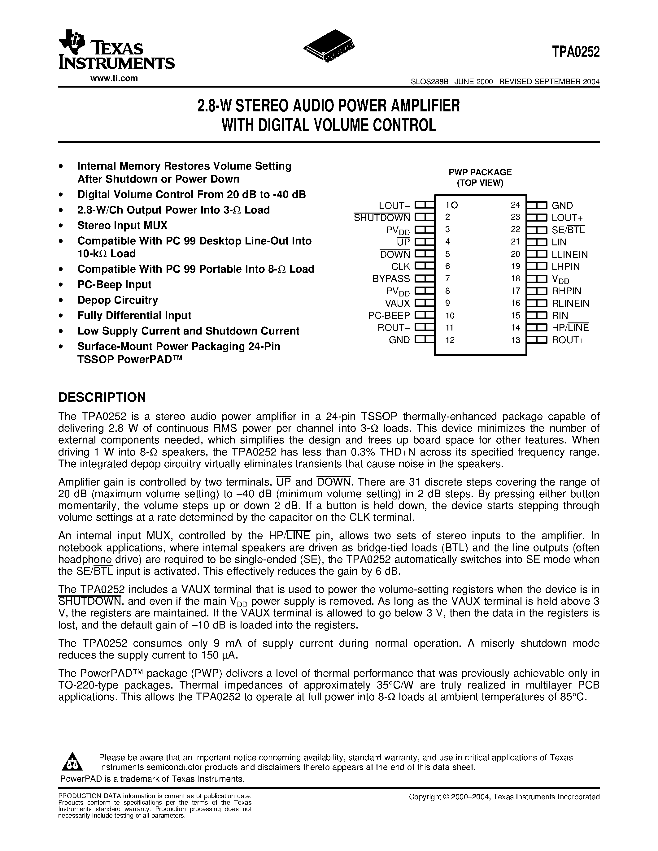 Даташит TPA0252 - 2.8-W STEREO AUDIO POWER AMPLIFIER WITH DIGITAL VOLUME CONTROL страница 1