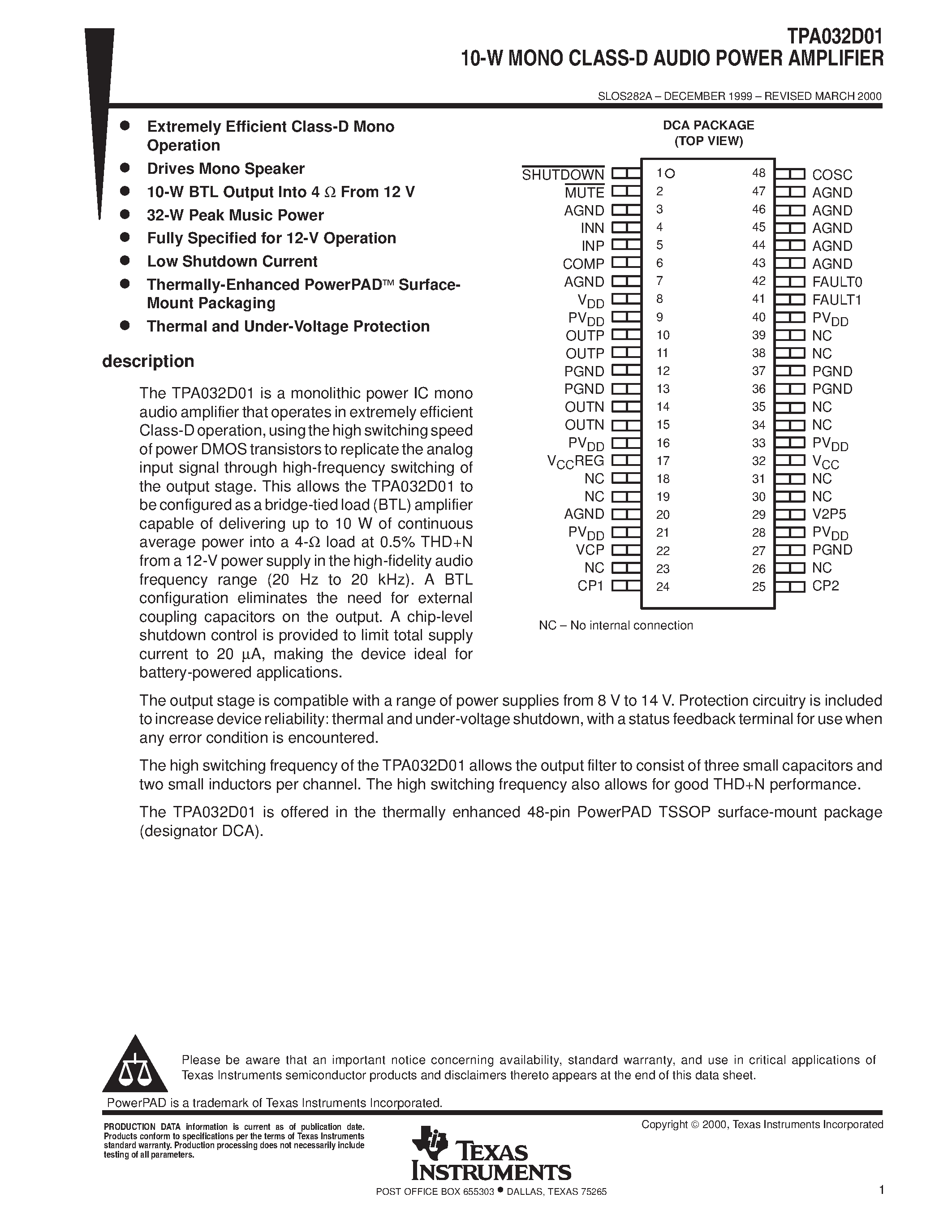 Даташит TPA032D01 - 10-W MONO CLASS-D AUDIO POWER AMPLIFIER страница 1