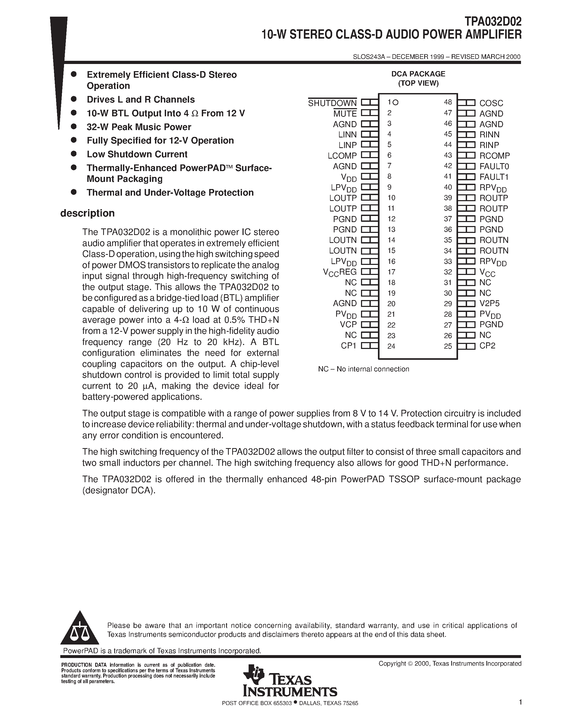 Даташит TPA032D02 - 10-W STEREO CLASS-D AUDIO POWER AMPLIFIER страница 1