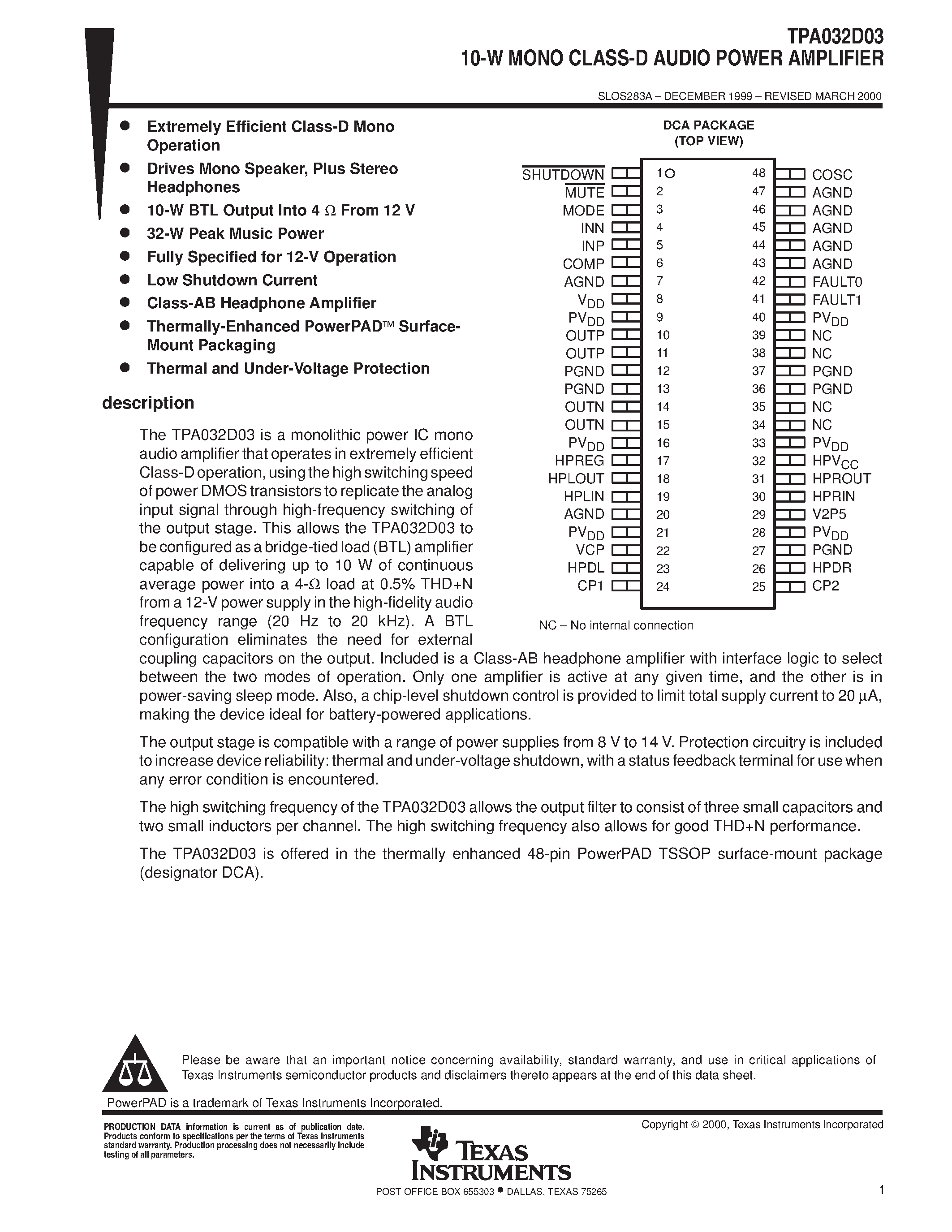 Даташит TPA032D03 - 10-W MONO CLASS-D AUDIO POWER AMPLIFIER страница 1