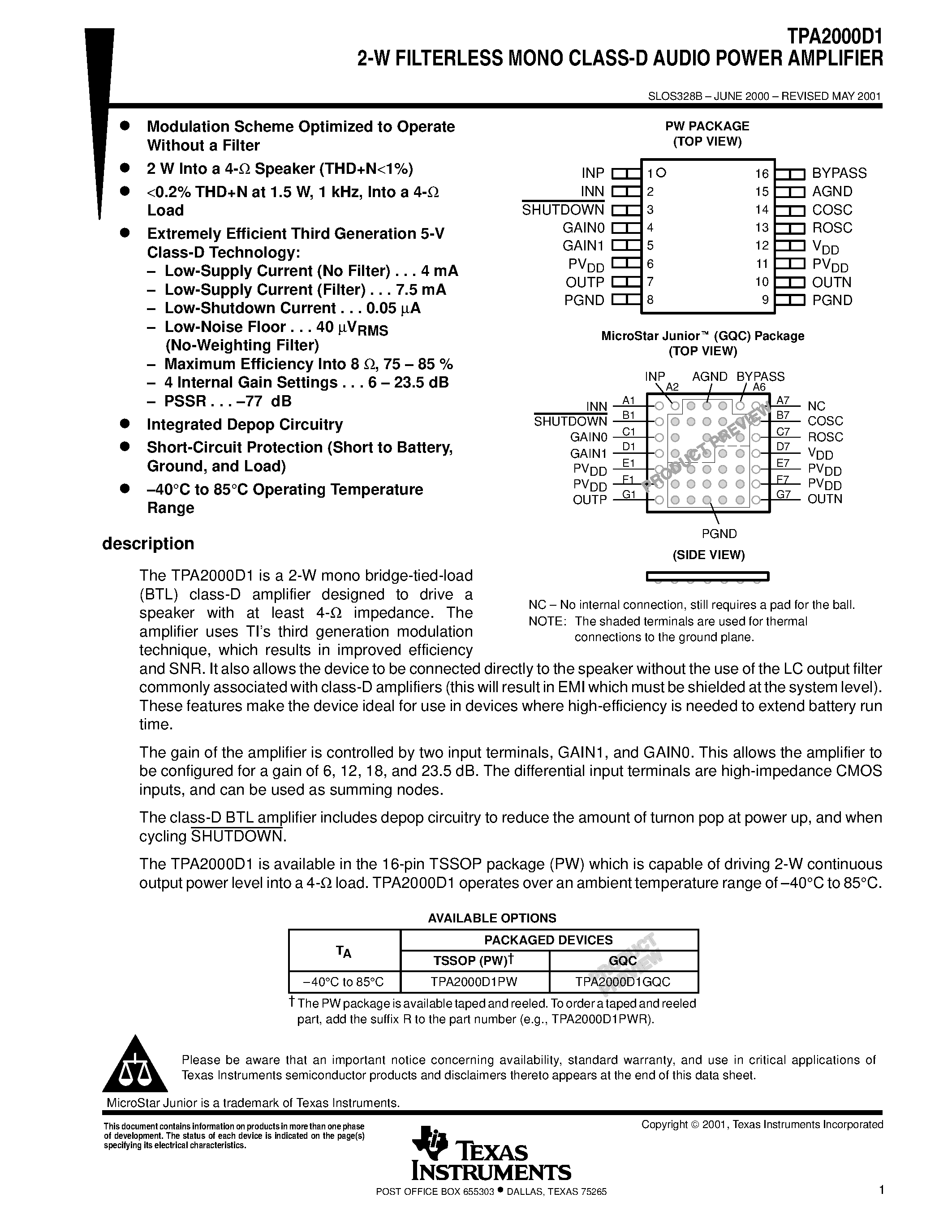 Даташит TPA2000D1 - 2-W FILTERLESS MONO CLASS-D AUDIO POWER AMPLIFIER страница 1