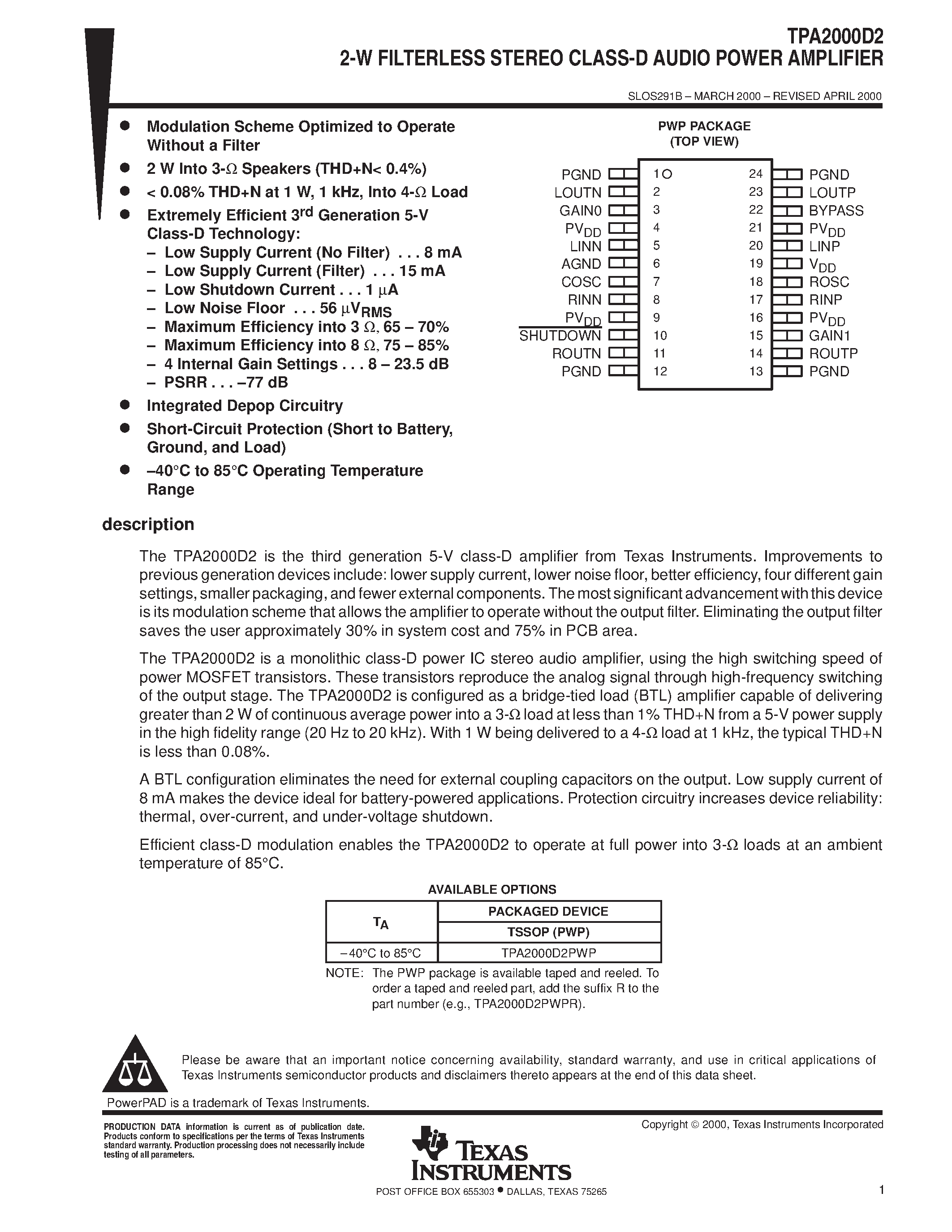 Даташит TPA2000D2 - 2-W FILTERLESS STEREO CLASS-D AUDIO POWER AMPLIFIER страница 1