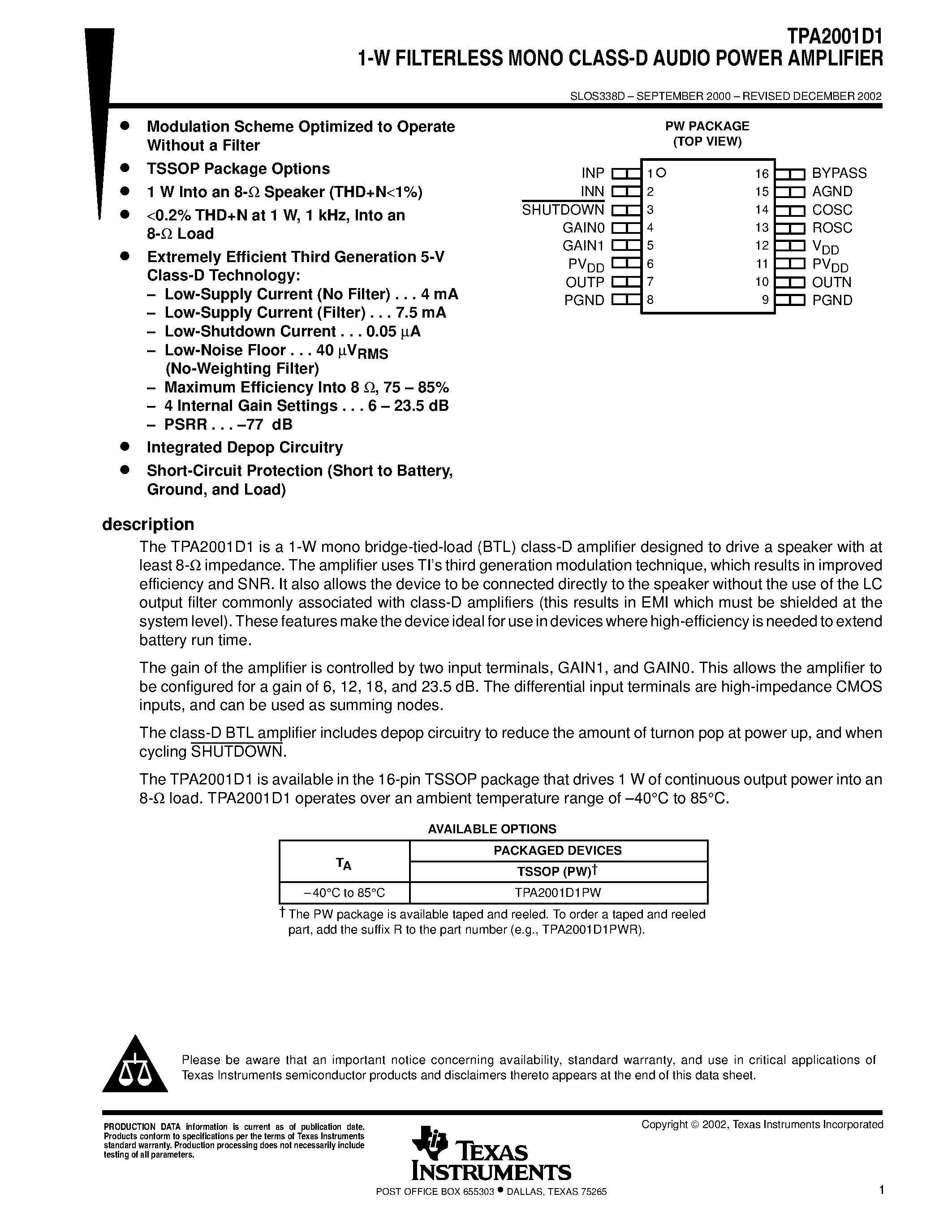 Даташит TPA2001D1 - 1-W FILTERLESS MONO CLASS-D AUDIO POWER AMPLIFIER страница 1