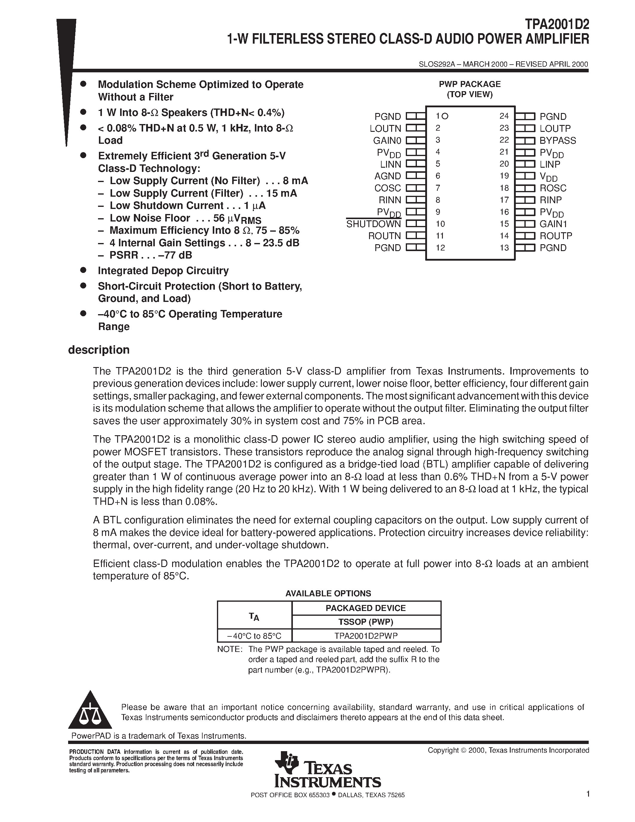 Даташит TPA2001D2 - 1-W FILTERLESS STEREO CLASS-D AUDIO POWER AMPLIFIER страница 1