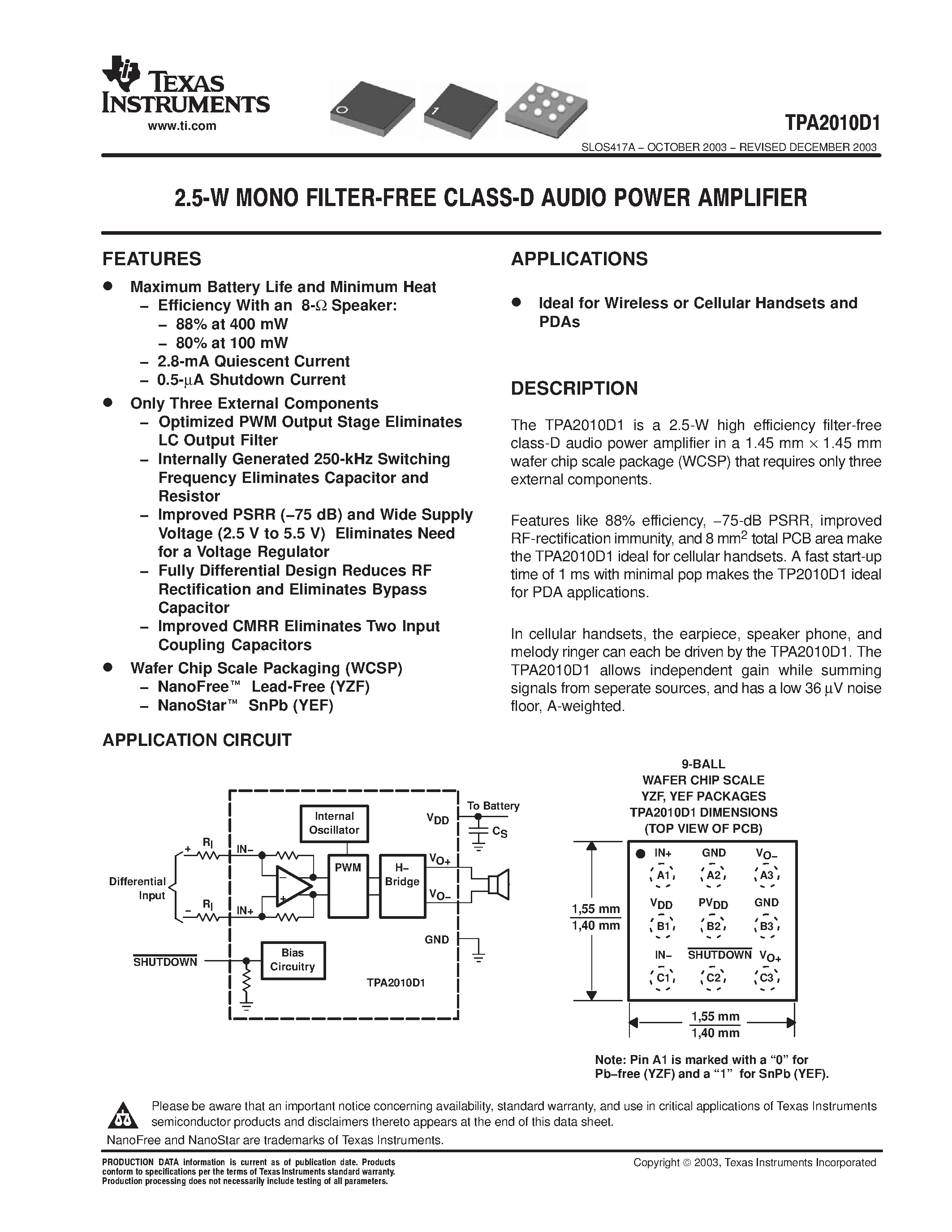 Даташит TPA2010D1 - 2.5-W MONO FILTER-FREE CLASS-D AUDIO POWER AMPLIFIER страница 1