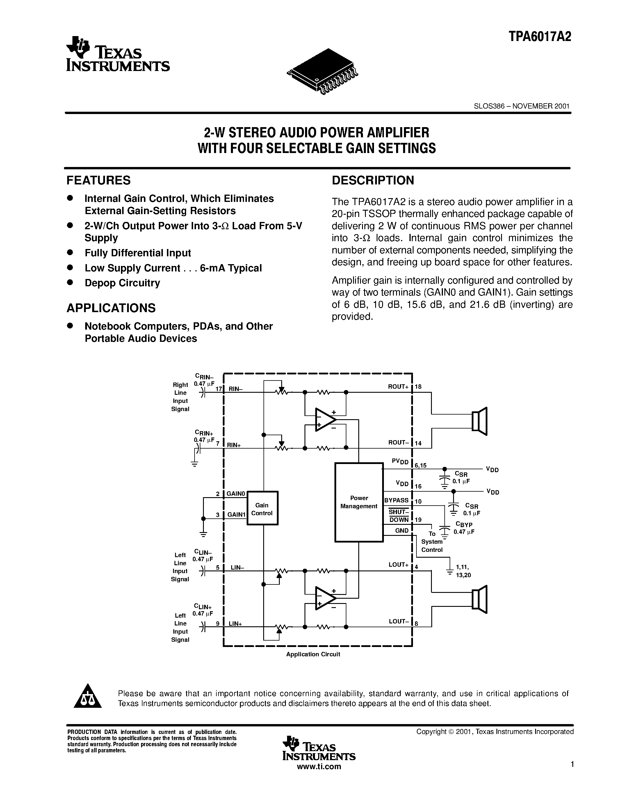 Даташит TPA6017A2 - 2 W STEREO AUDIO POWER AMPLIFIER WITH FOUR SELECTABLE GAIN SETTINGS страница 1