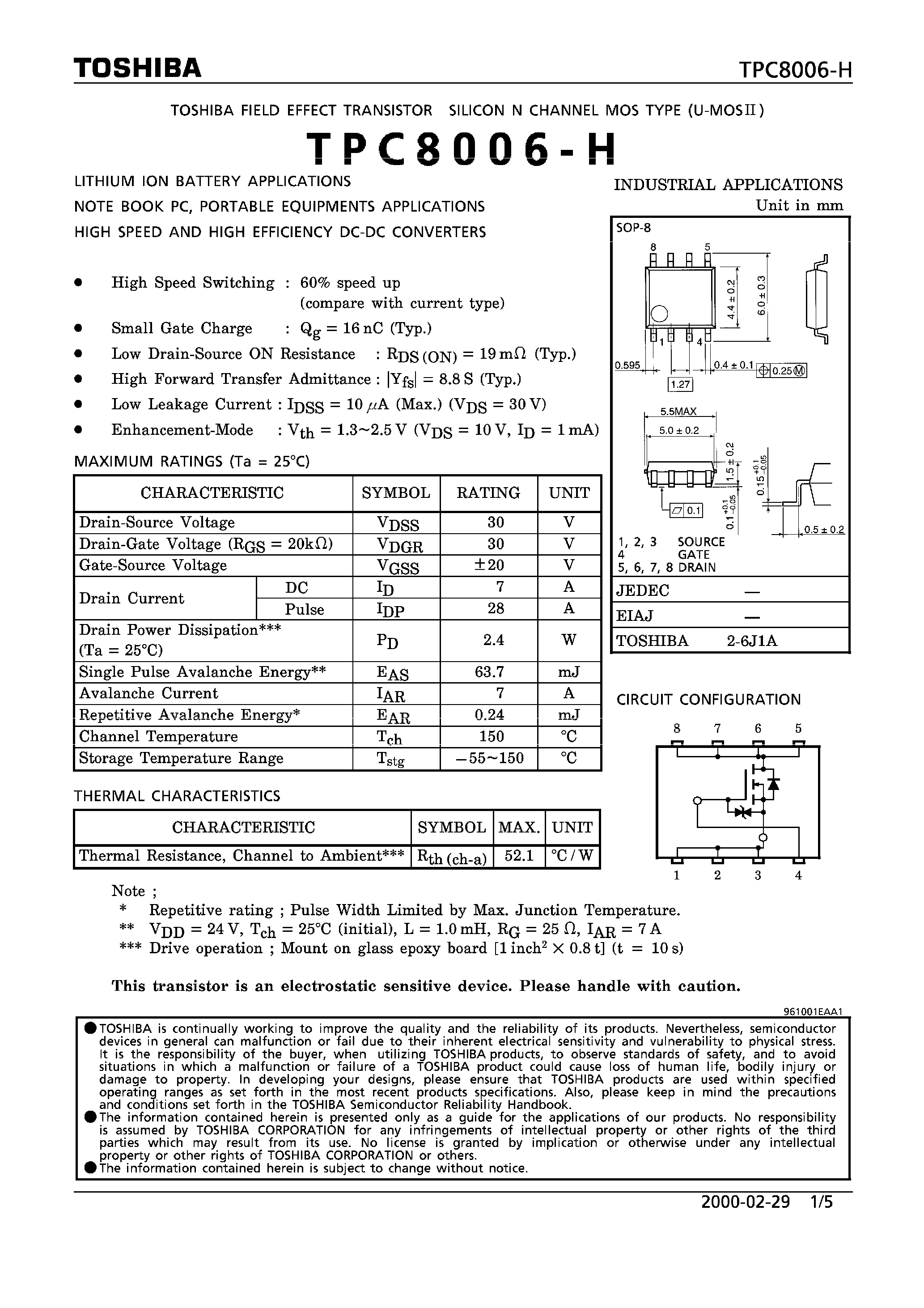 Даташит TPC8006-H - FIELD EFFECT TRANSISTOR SILICON N CHANNEL MOS TYPE страница 1