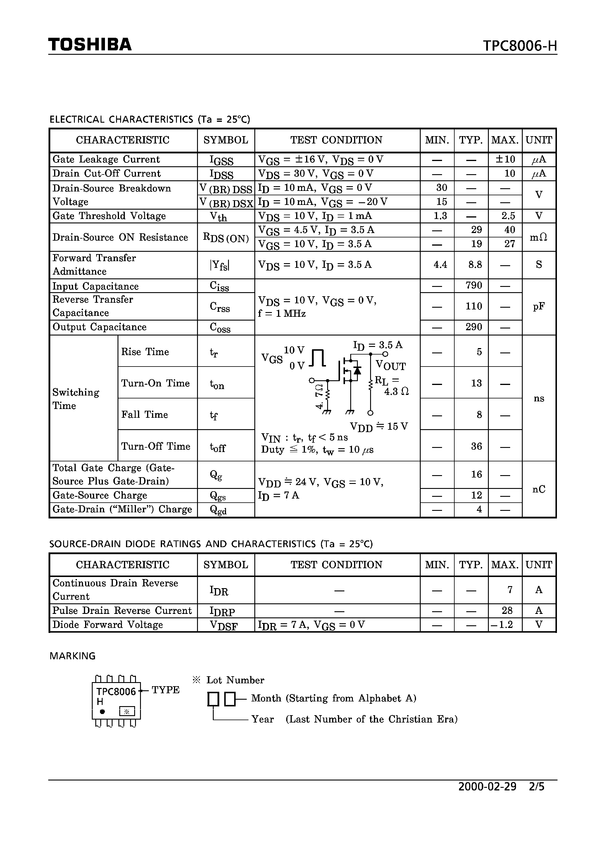 Даташит TPC8006-H - FIELD EFFECT TRANSISTOR SILICON N CHANNEL MOS TYPE страница 2