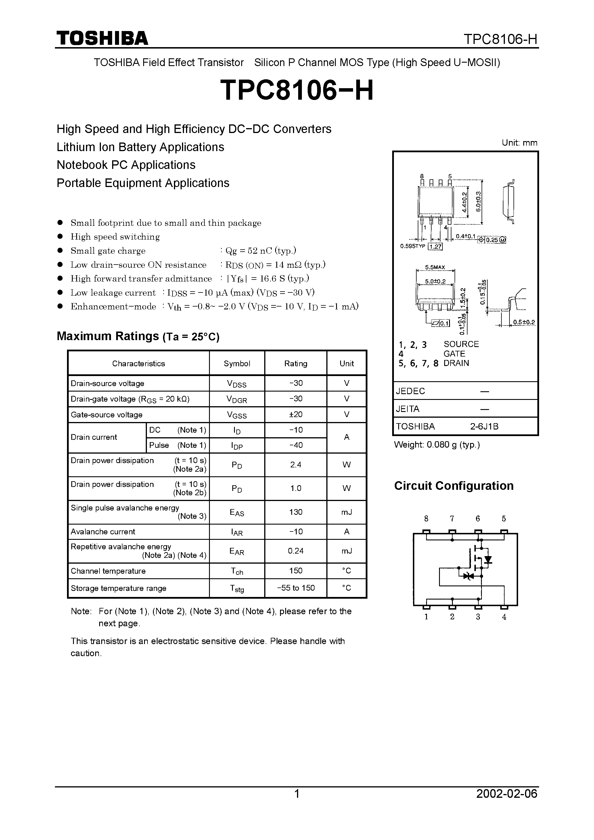 Даташит TPC8106-H - SILICON P CHANNEL MOS TYPE страница 1