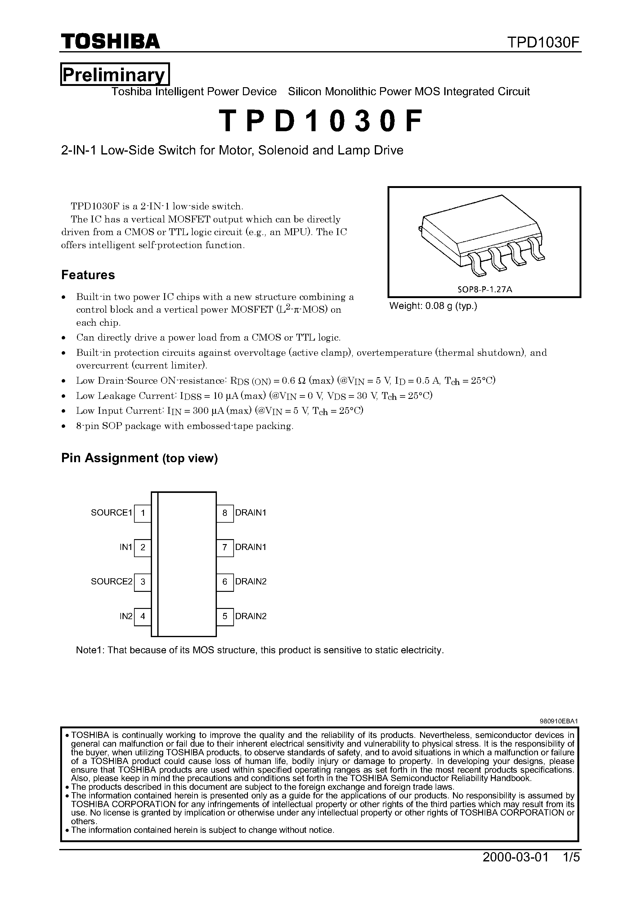 Даташит TPD1030 - 2-IN-1 Low-Side Switch for Motor/ Solenoid and Lamp Drive страница 1