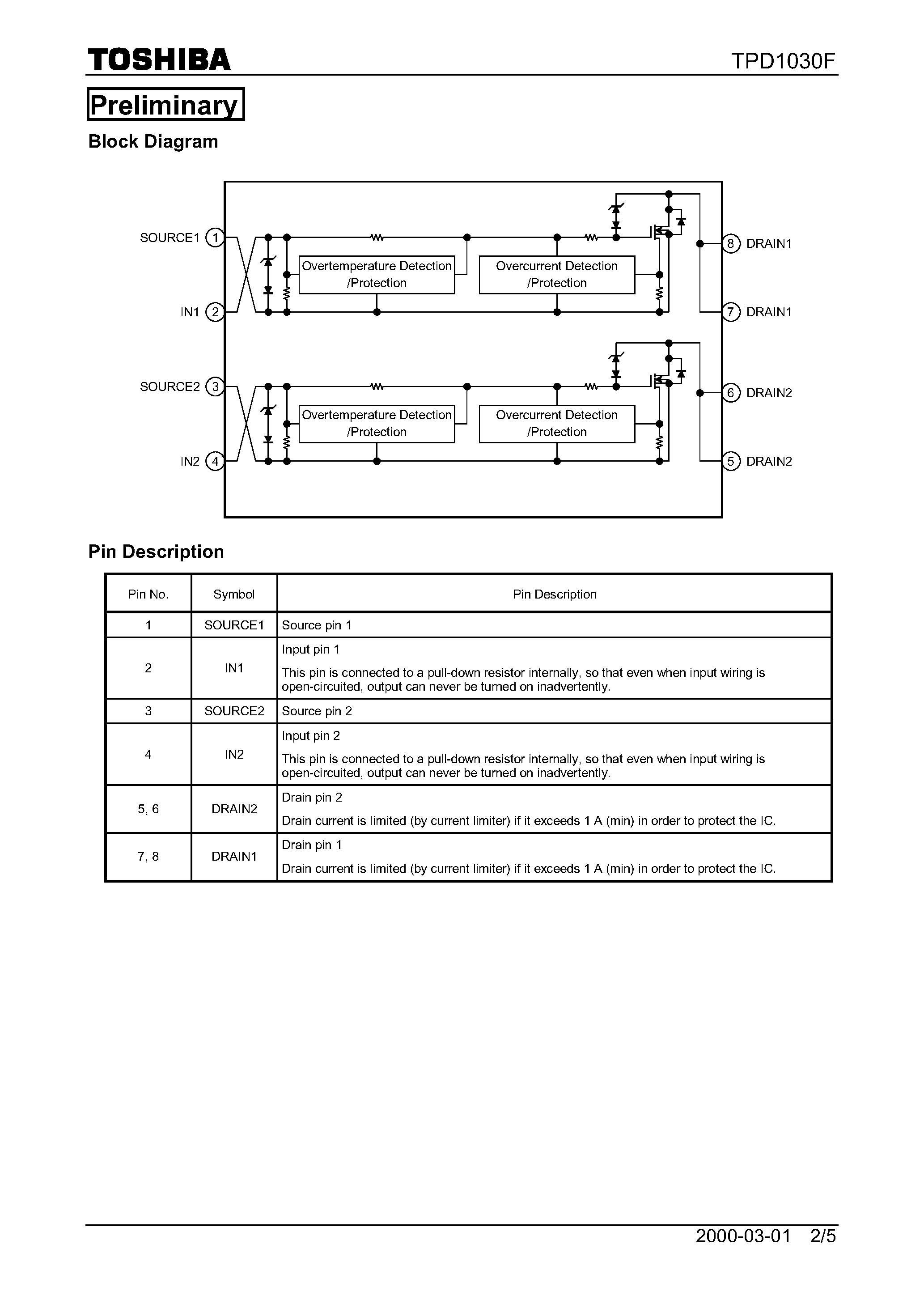 Даташит TPD1030 - 2-IN-1 Low-Side Switch for Motor/ Solenoid and Lamp Drive страница 2