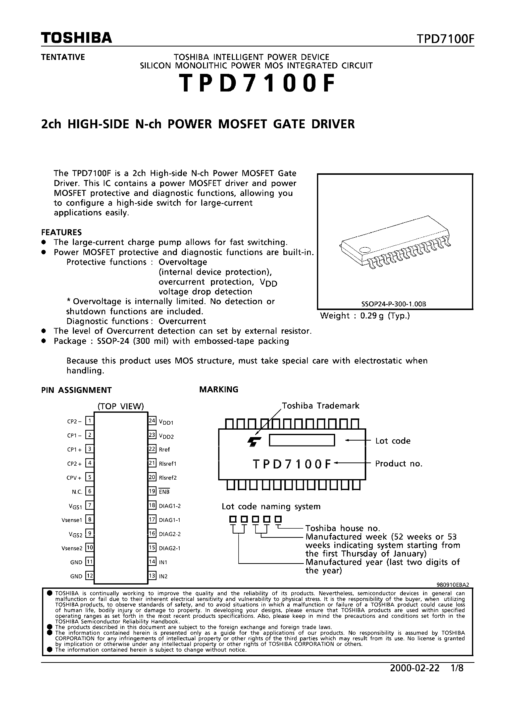 Даташит TPD7100 - 2 CH HIGH SIDE N CH POWER MOSFET GATE DRIVER страница 1