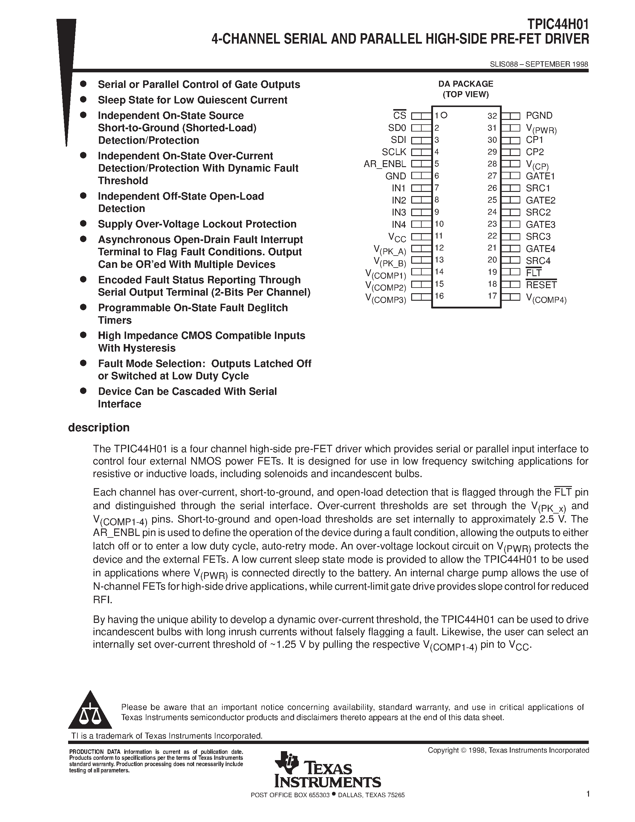 Datasheet TPIC44H01 - 4-CHANNEL SERIAL AND PARALLEL HIGH-SIDE PRE-FET DRIVER page 1