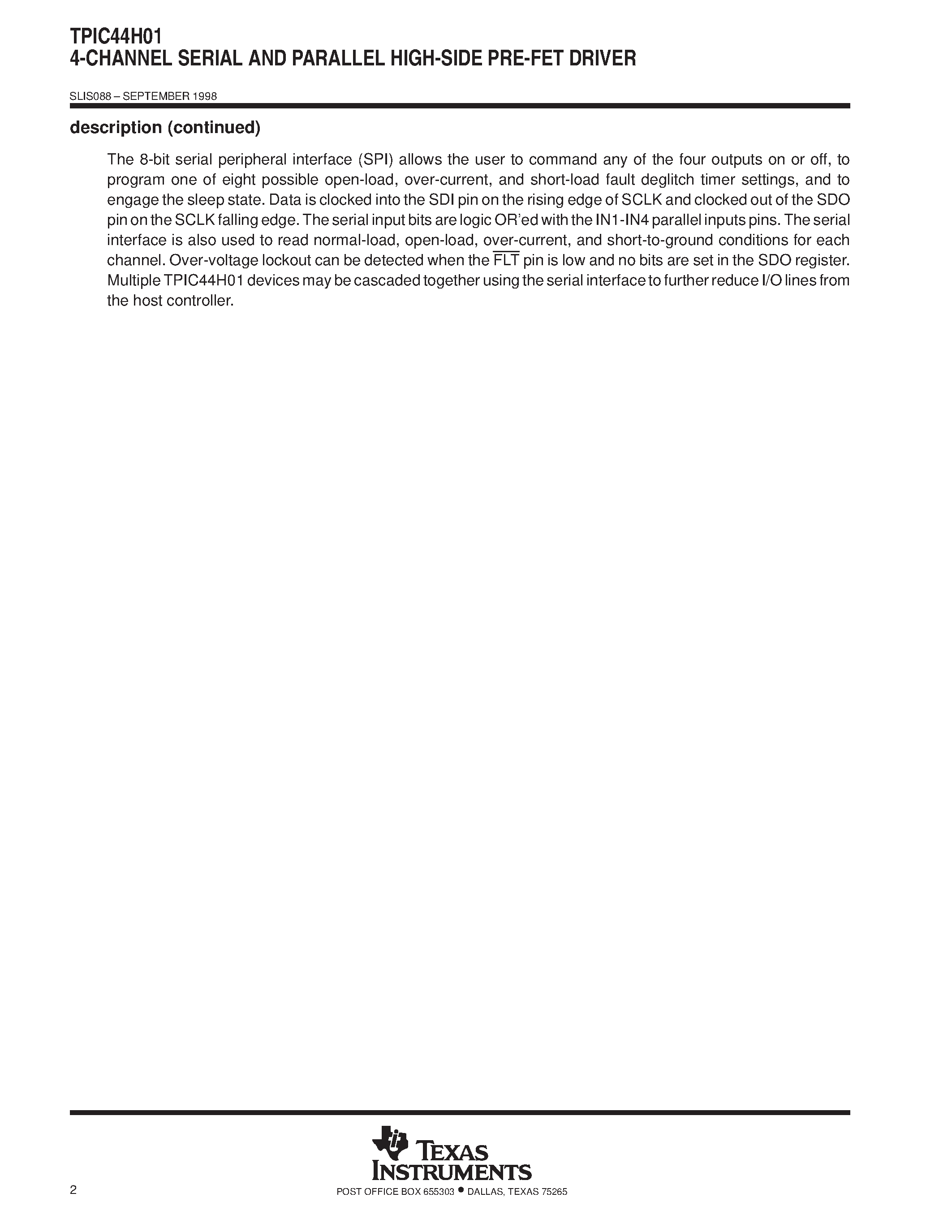 Datasheet TPIC44H01 - 4-CHANNEL SERIAL AND PARALLEL HIGH-SIDE PRE-FET DRIVER page 2