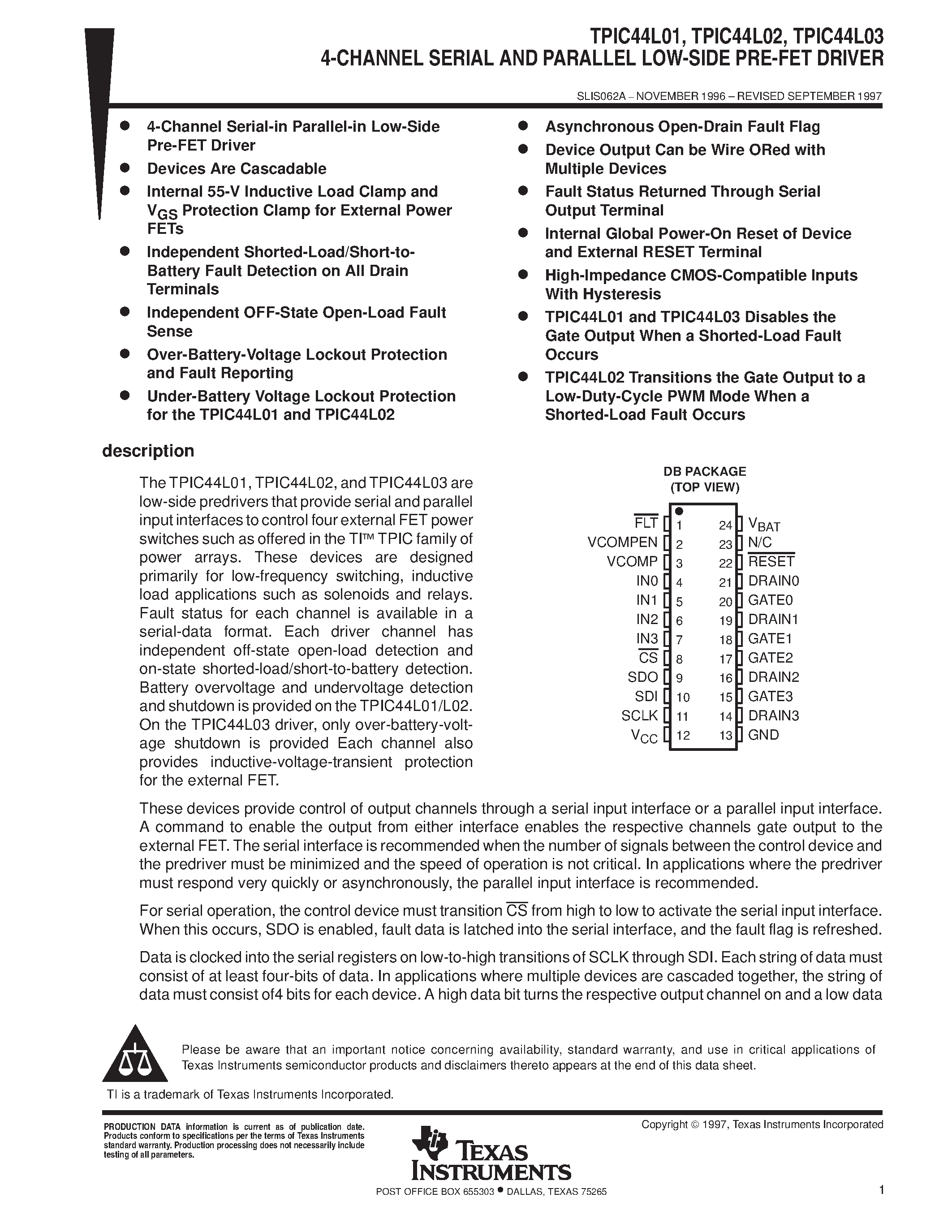 Datasheet TPIC44L01 - 4-CHANNEL SERIAL AND PARALLEL LOW-SIDE PRE-FET DRIVER page 1