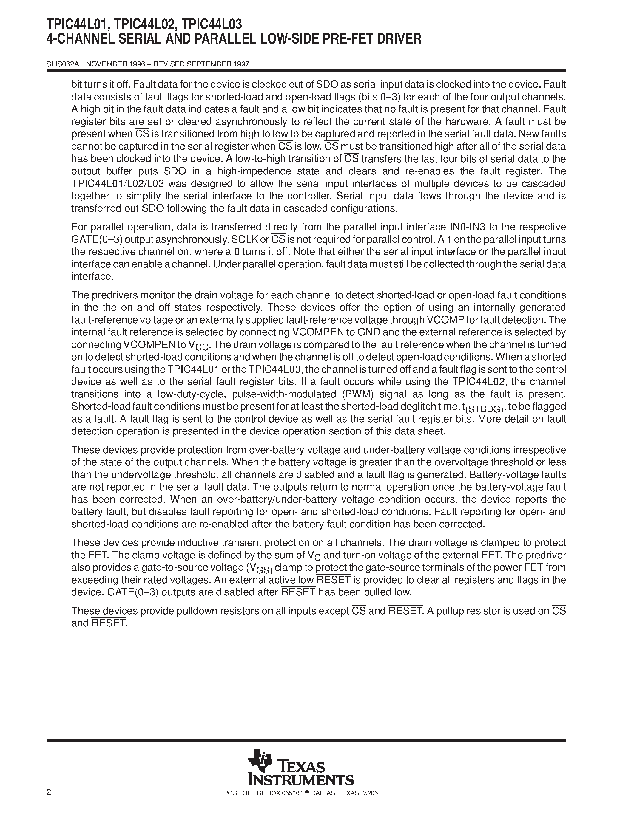 Datasheet TPIC44L01 - 4-CHANNEL SERIAL AND PARALLEL LOW-SIDE PRE-FET DRIVER page 2