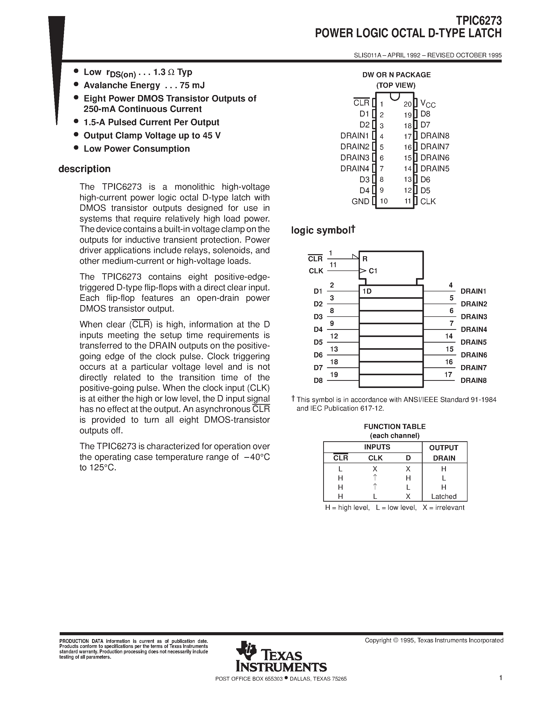 Даташит TPIC6273 - POWER LOGIC OCTAL D-TYPE LATCH страница 1