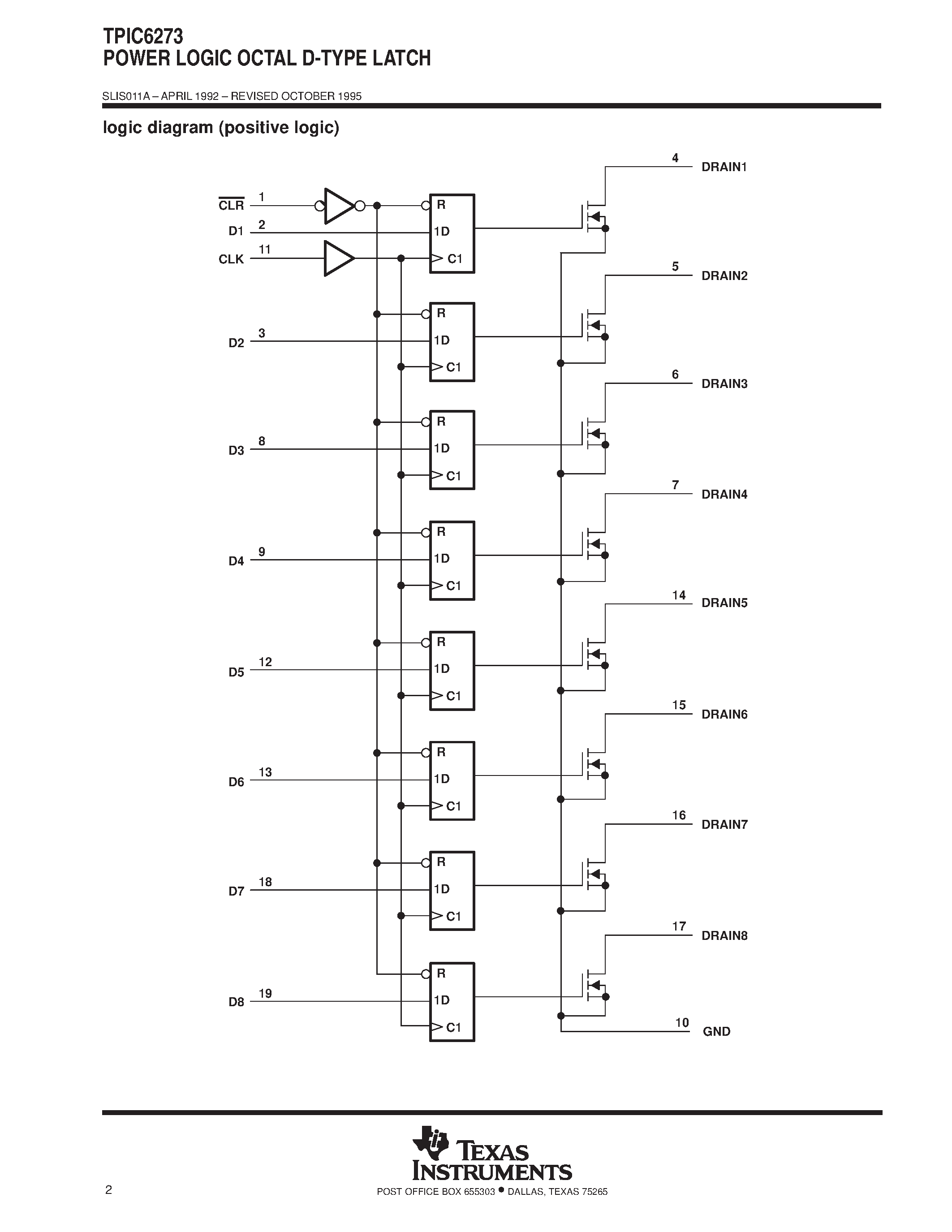 Даташит TPIC6273 - POWER LOGIC OCTAL D-TYPE LATCH страница 2