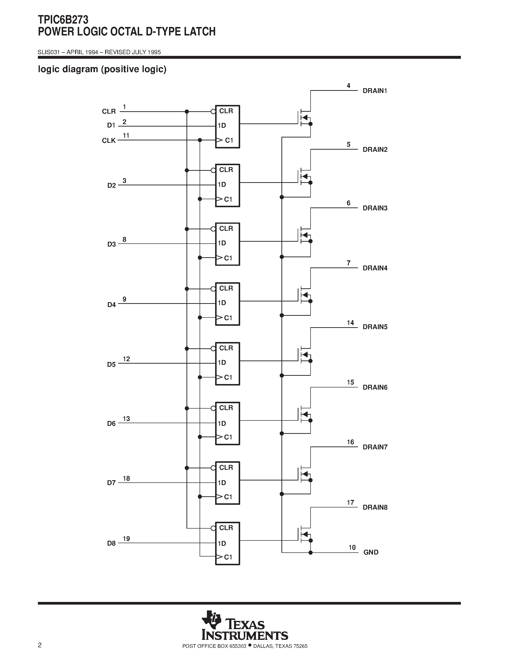 Даташит TPIC6B273 - POWER LOGIC OCTAL D-TYPE LATCH страница 2