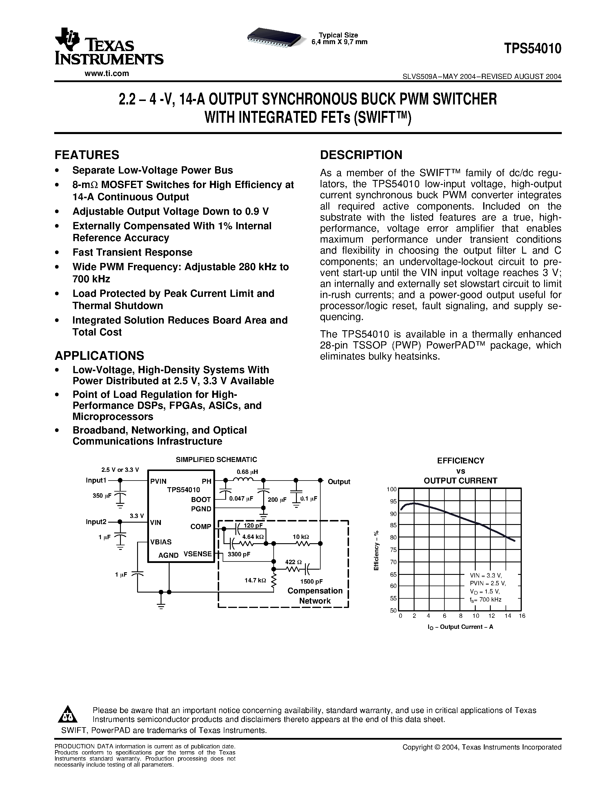 Datasheet TPS54010PWP - 2.2 - 4 -V/ 14-A OUTPUT SYNCHRONOUS BUCK PWM SWITCHER WITH INTEGRATED FETs (SWIFT) page 1