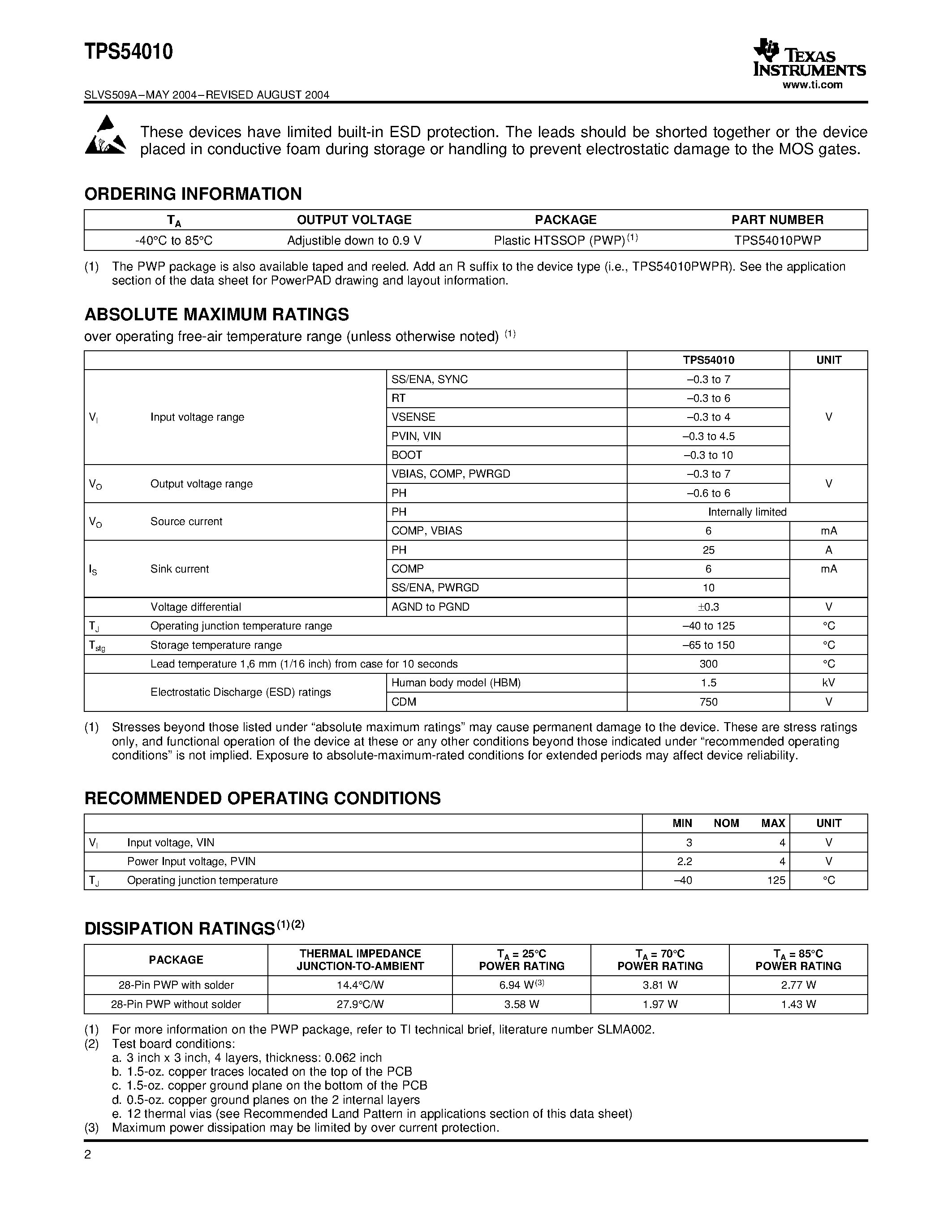 Datasheet TPS54010PWP - 2.2 - 4 -V/ 14-A OUTPUT SYNCHRONOUS BUCK PWM SWITCHER WITH INTEGRATED FETs (SWIFT) page 2