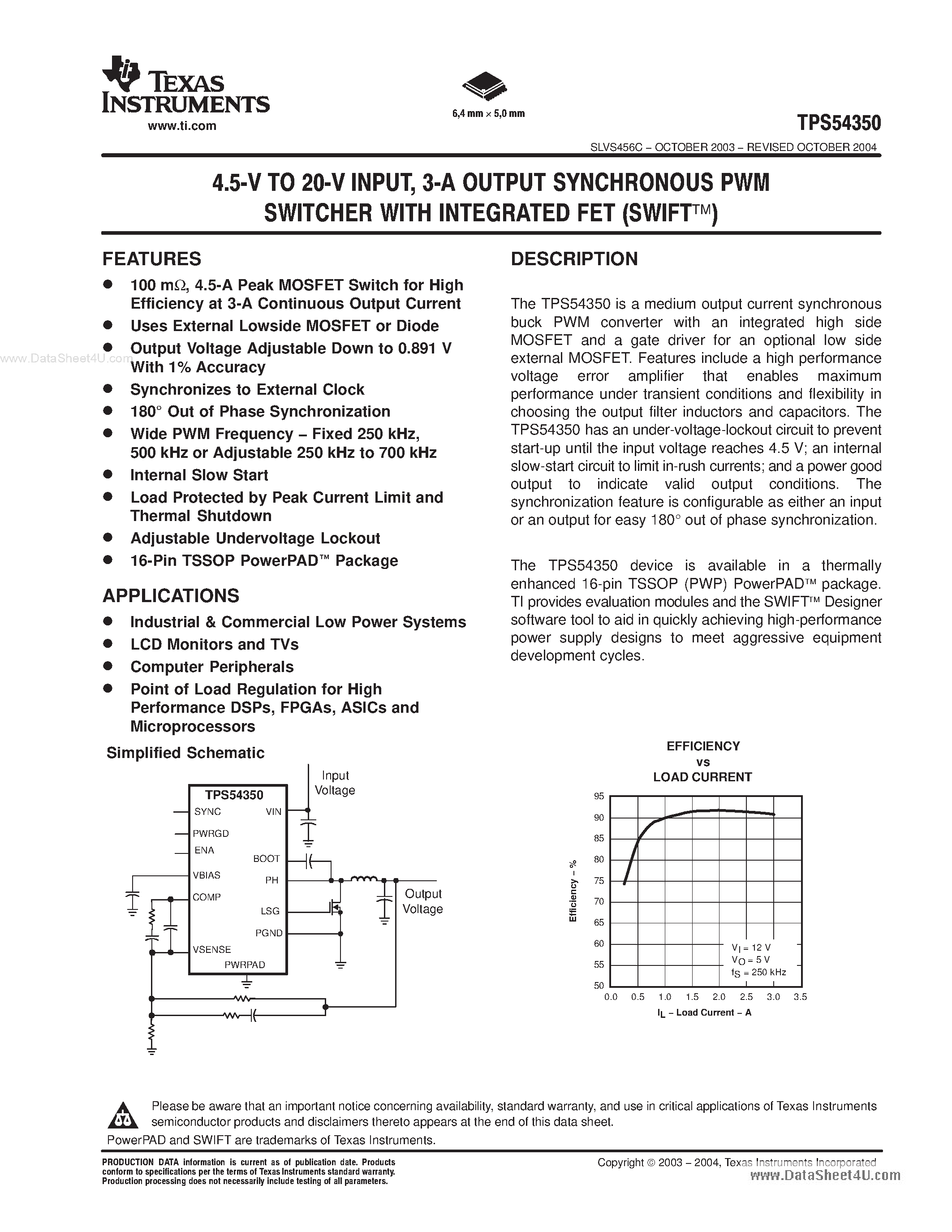 Datasheet TPS54350 - 4.5-V 20-V INPUT/ 3-A OUTPUT SYNCHRONOUS PWM SWITCHER WITH INTEGRATED FET(SWIFT) page 1