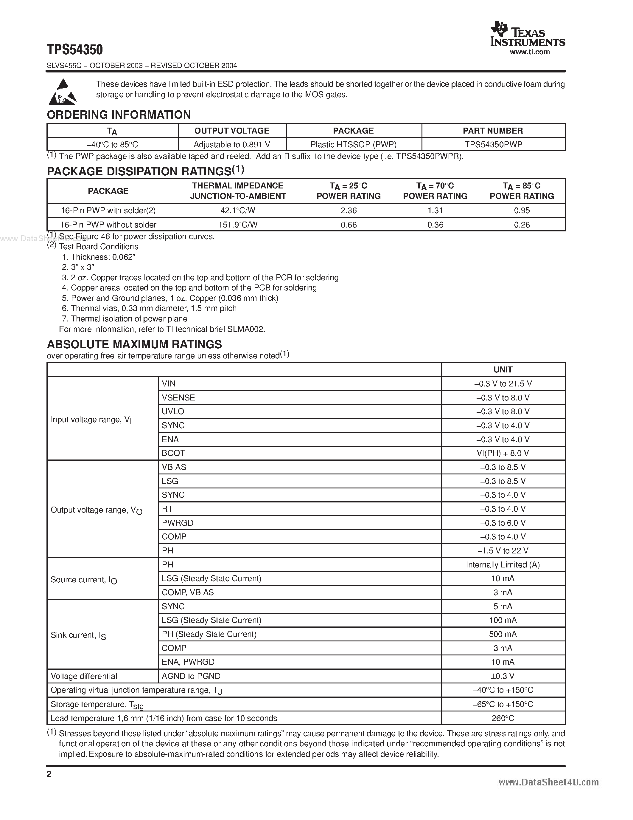 Datasheet TPS54350 - 4.5-V 20-V INPUT/ 3-A OUTPUT SYNCHRONOUS PWM SWITCHER WITH INTEGRATED FET(SWIFT) page 2