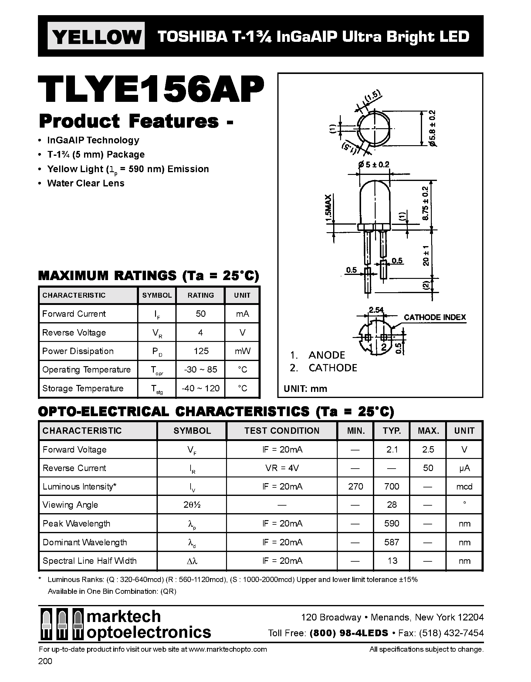 Datasheet TLYE156AP - TOSHIBA T-1 3/4 InGaAIP Ultra Bright LED page 1