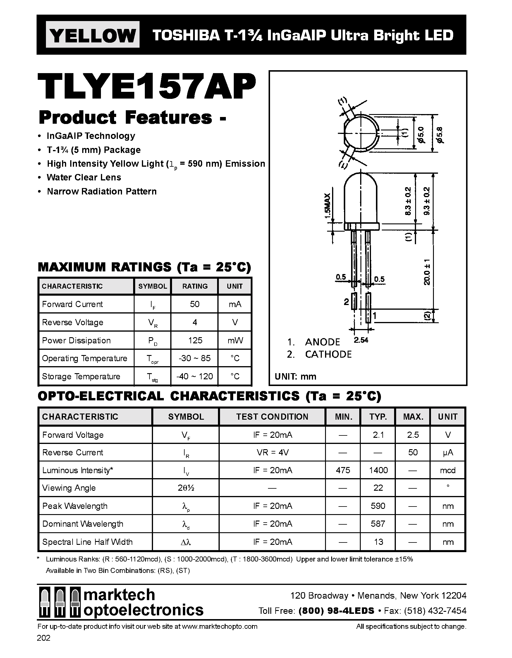 Datasheet TLYE157AP - TOSHIBA T-1 3/4 InGaAIP Ultra Bright LED page 1