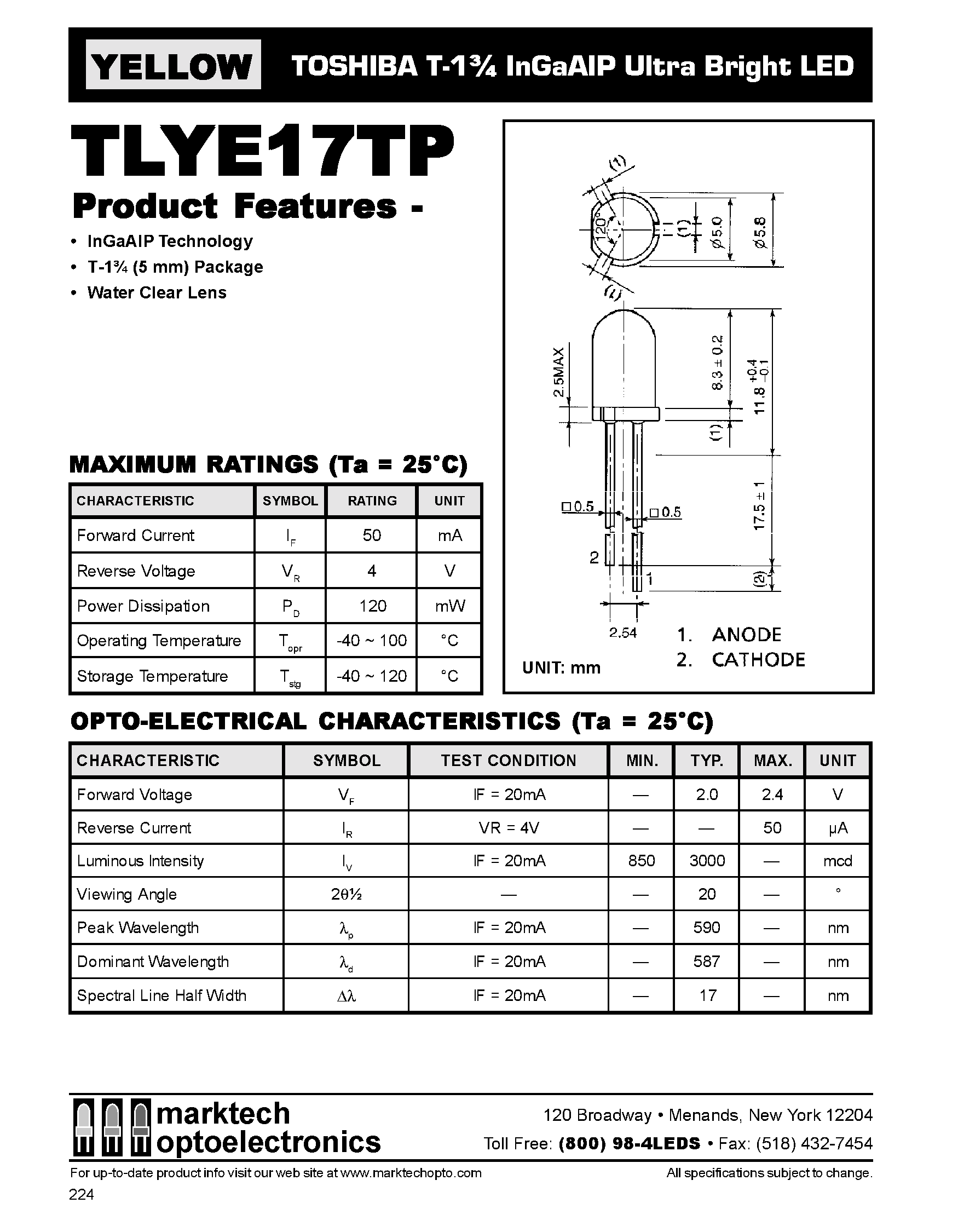 Datasheet TLYE17T - TOSHIBA T-1 3/4 InGaAIP Ultra Bright LED page 1