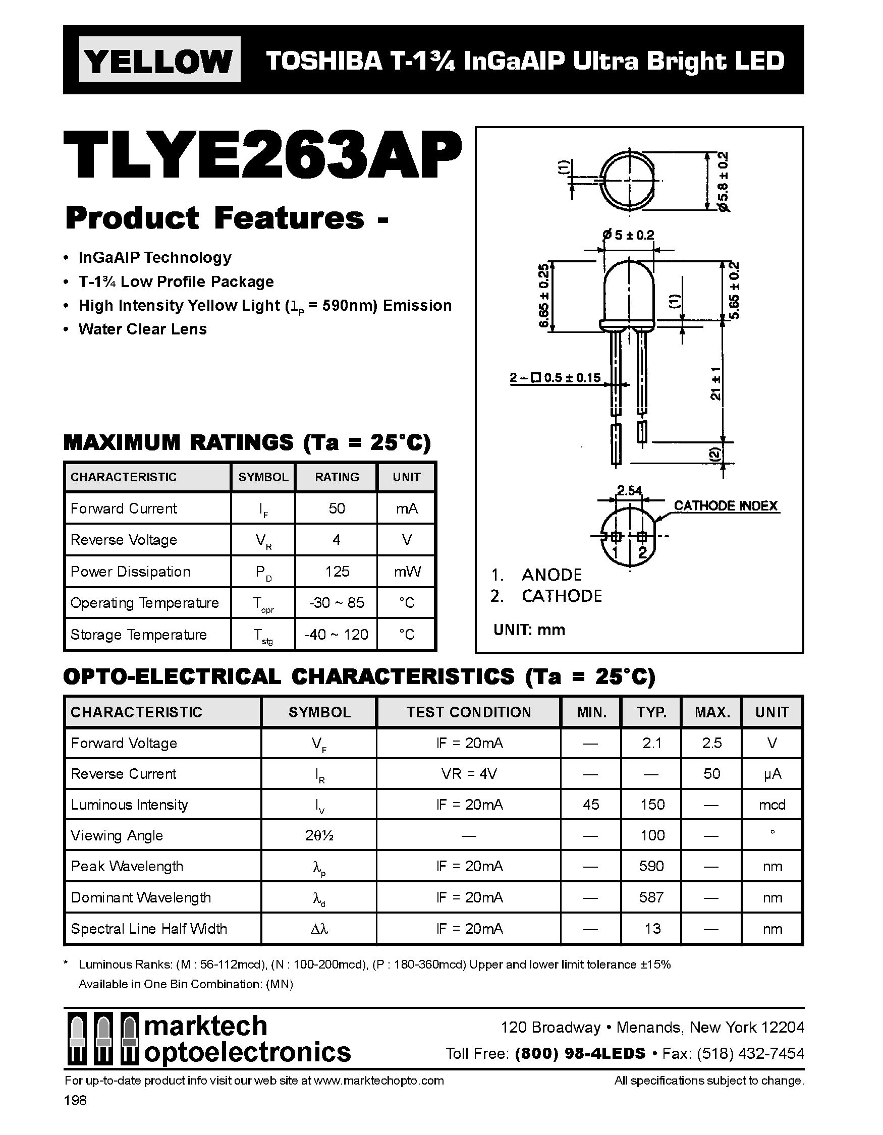 Datasheet TLYE263AP - TOSHIBA T-1 3/4 InGaAIP Ultra Bright LED page 1