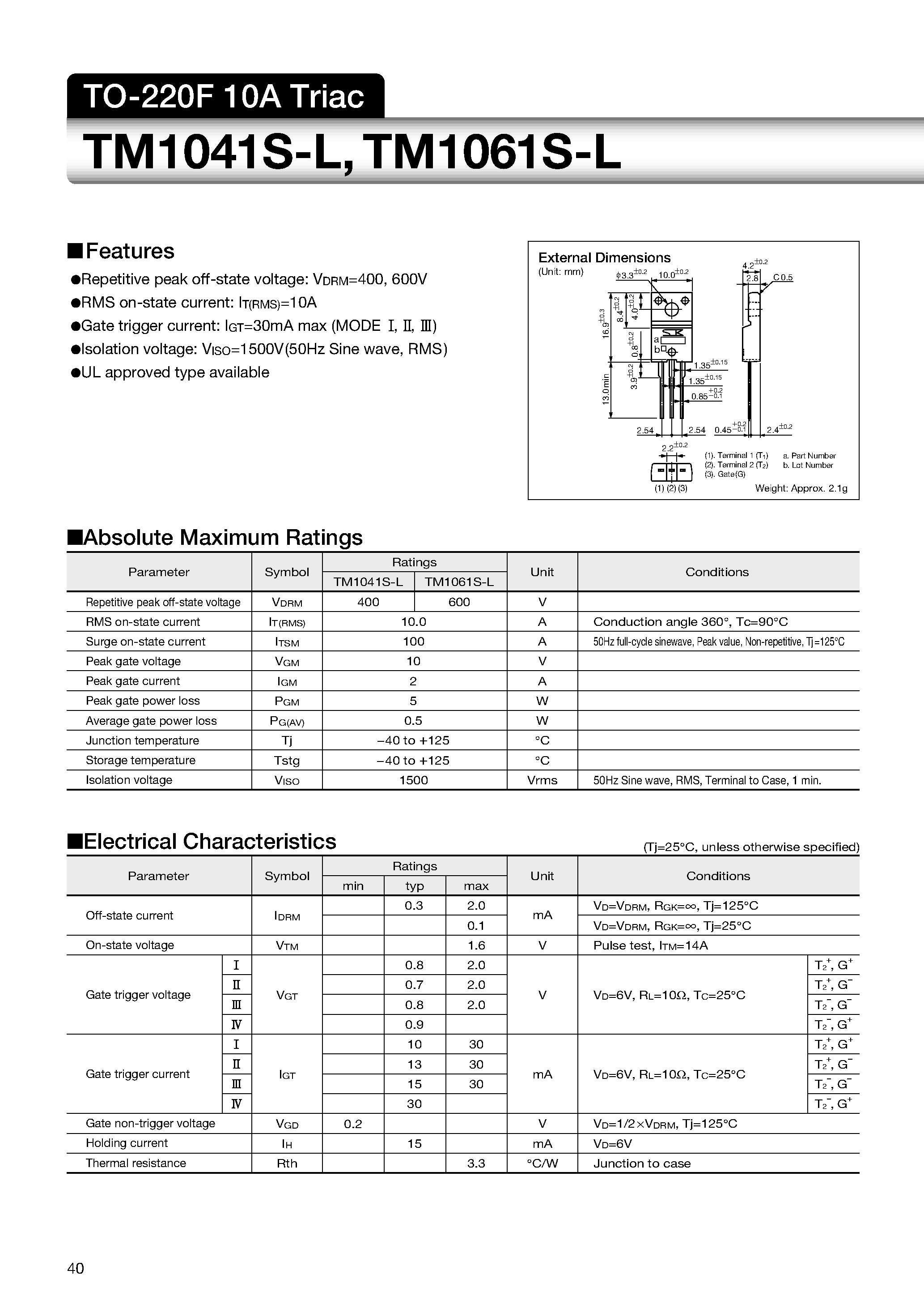 Datasheet TM1041S-L - TO-220F 10A Triac page 1