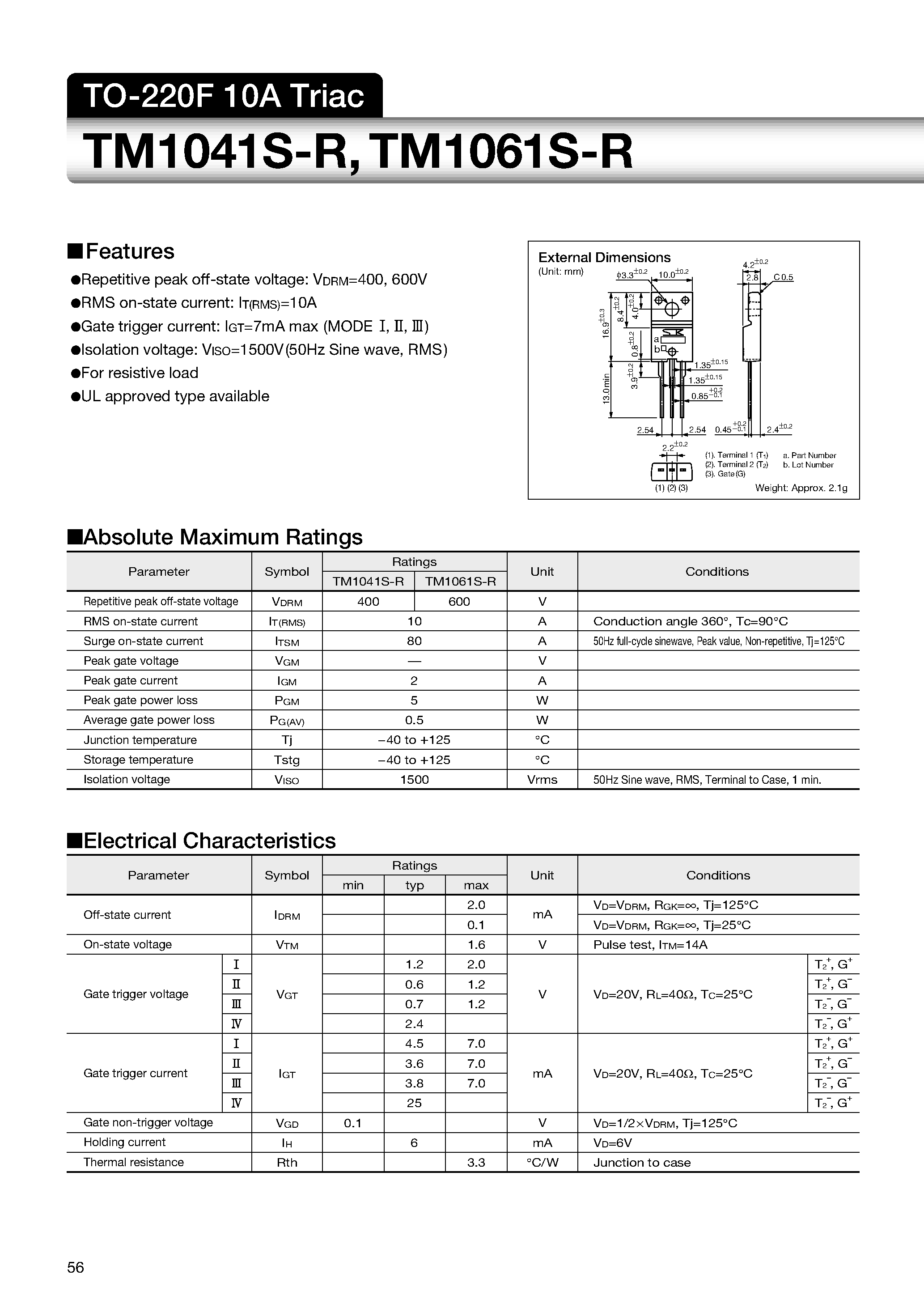 Datasheet TM1041S-R - TO-220F 10A Triac page 1